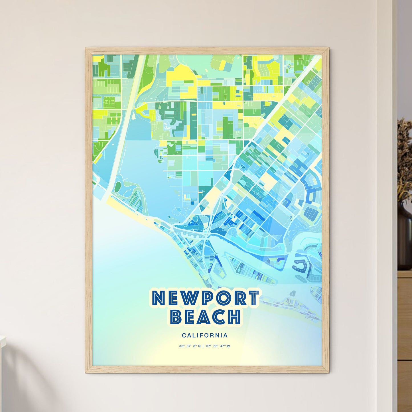 Colorful Newport Beach California Fine Art Map Cool Blue