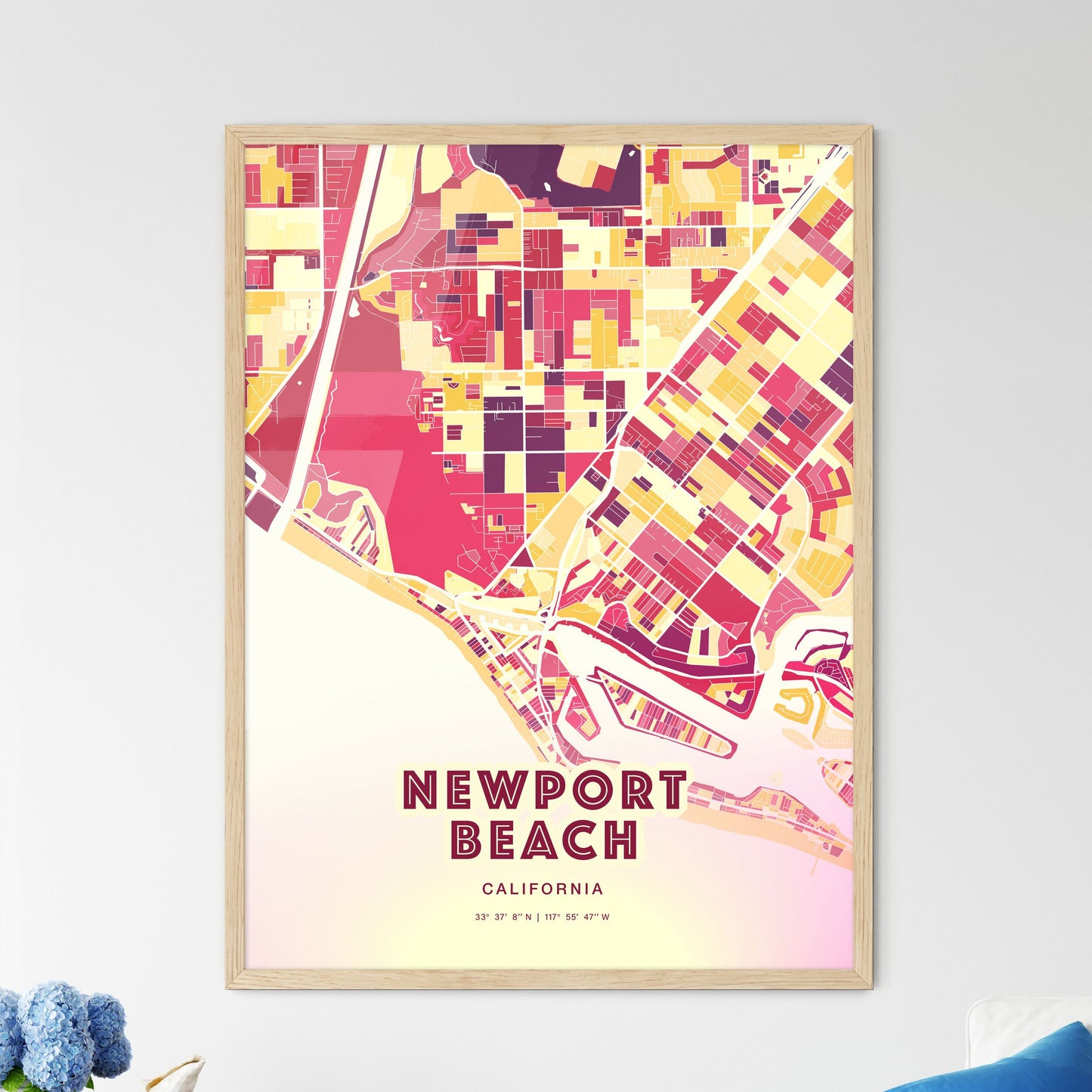 Colorful Newport Beach California Fine Art Map Hot Red