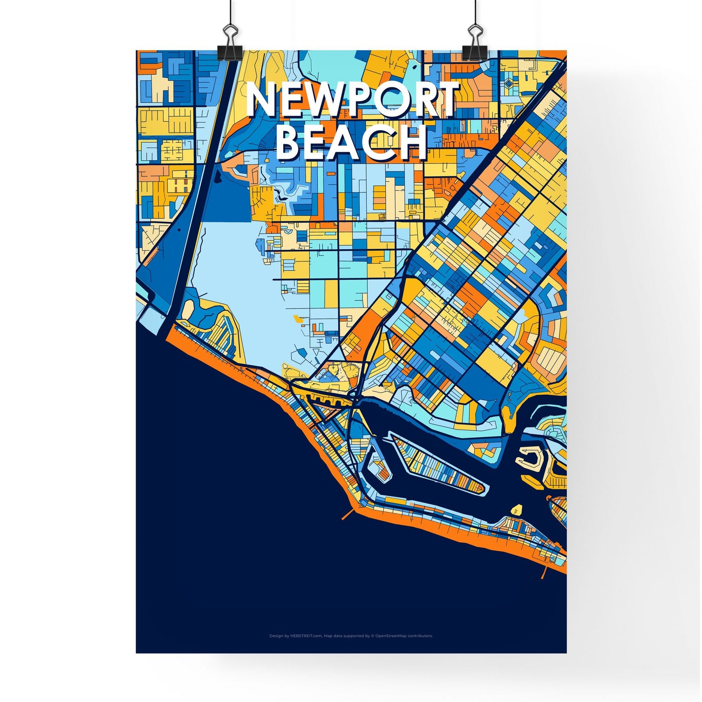 NEWPORT BEACH CALIFORNIA Vibrant Colorful Art Map Poster Blue Orange