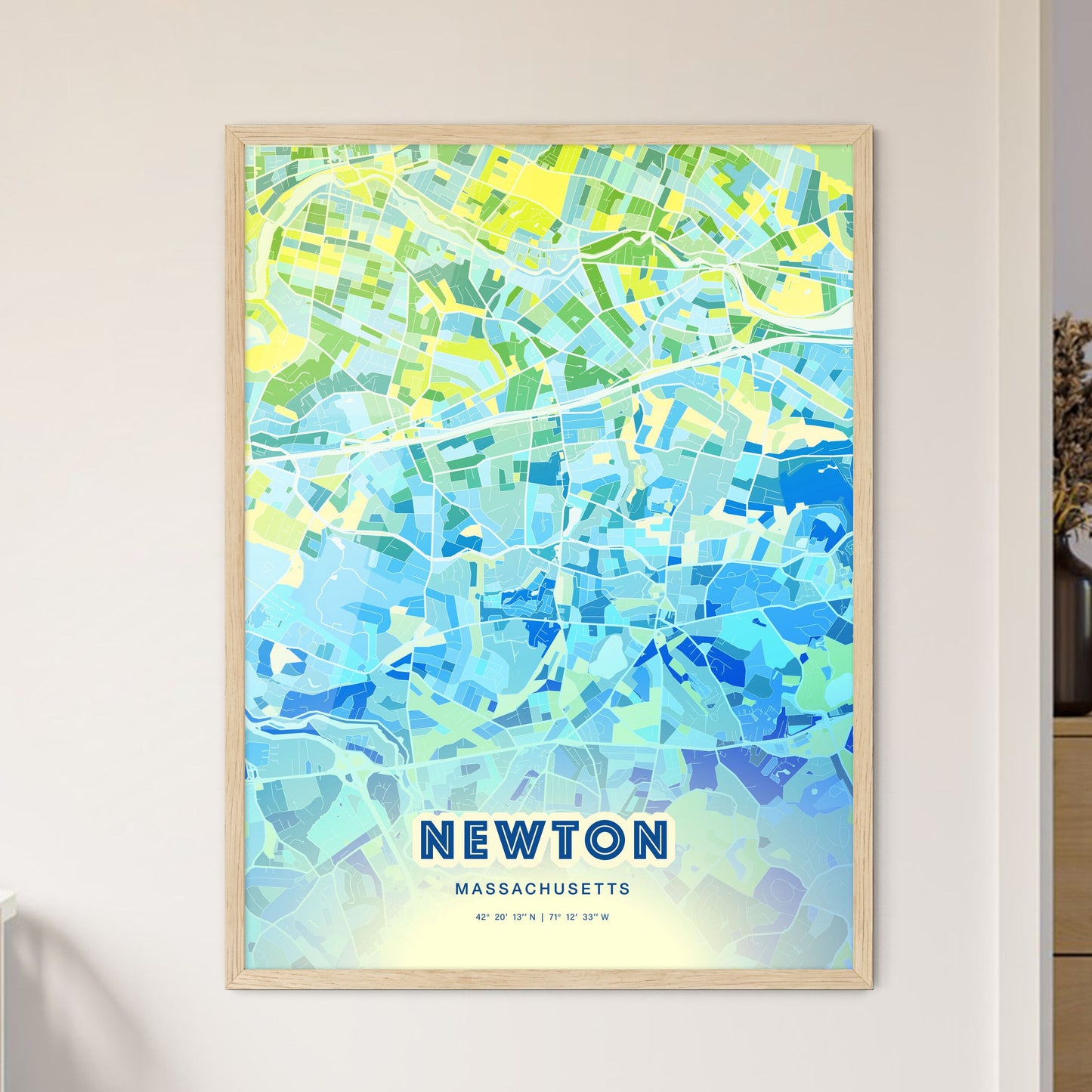 Colorful Newton Massachusetts Fine Art Map Cool Blue