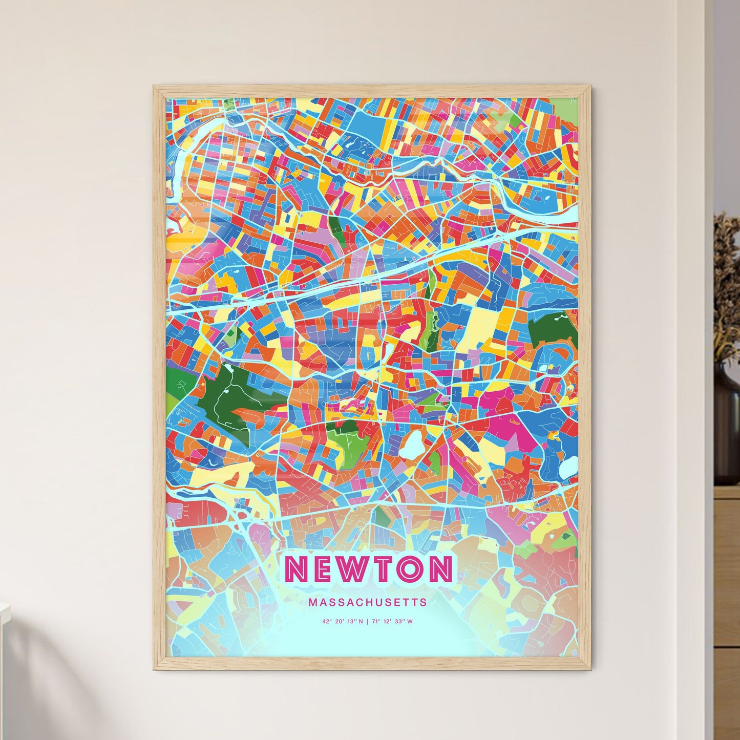 Colorful Newton Massachusetts Fine Art Map Crazy Colors