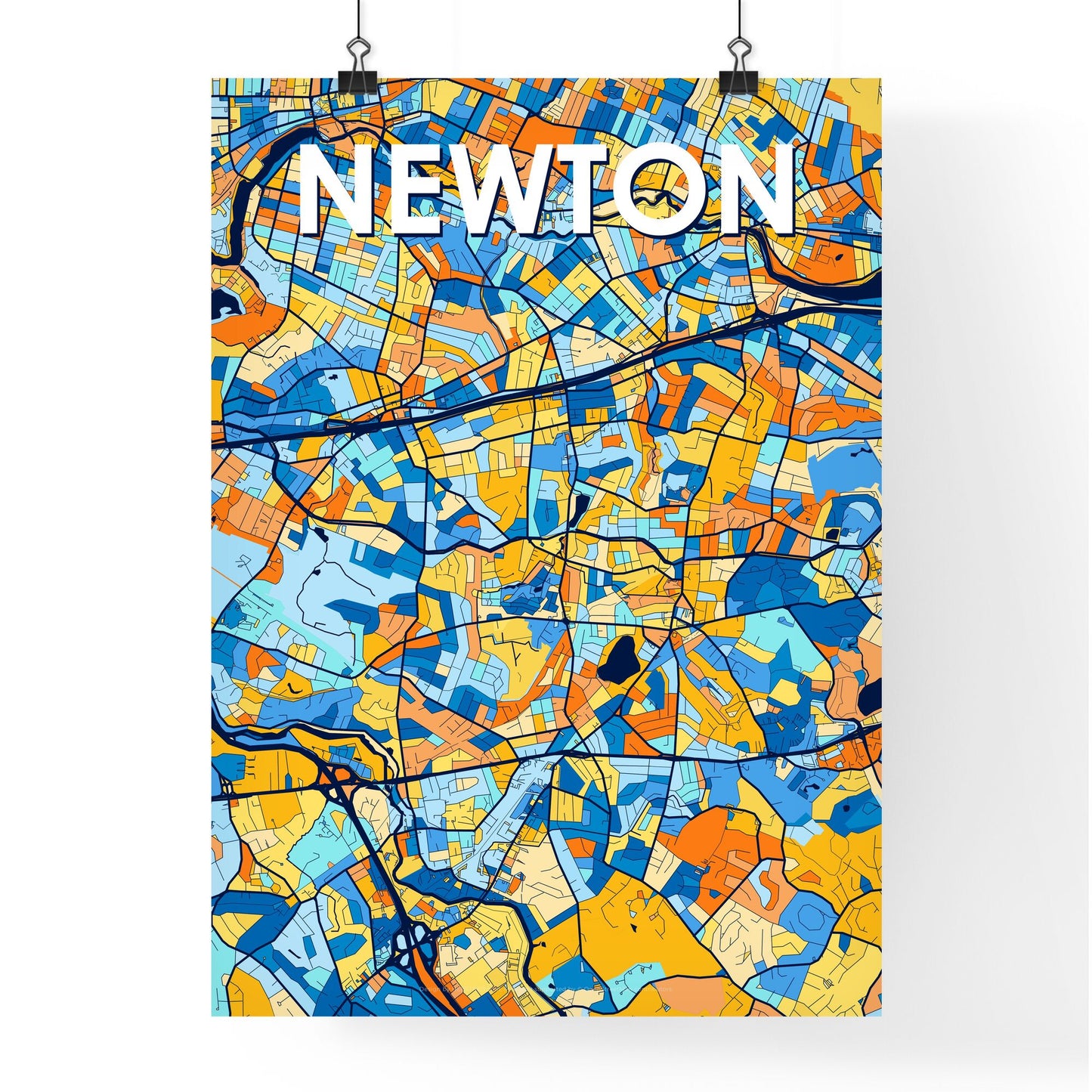 NEWTON MASSACHUSETTS Vibrant Colorful Art Map Poster Blue Orange