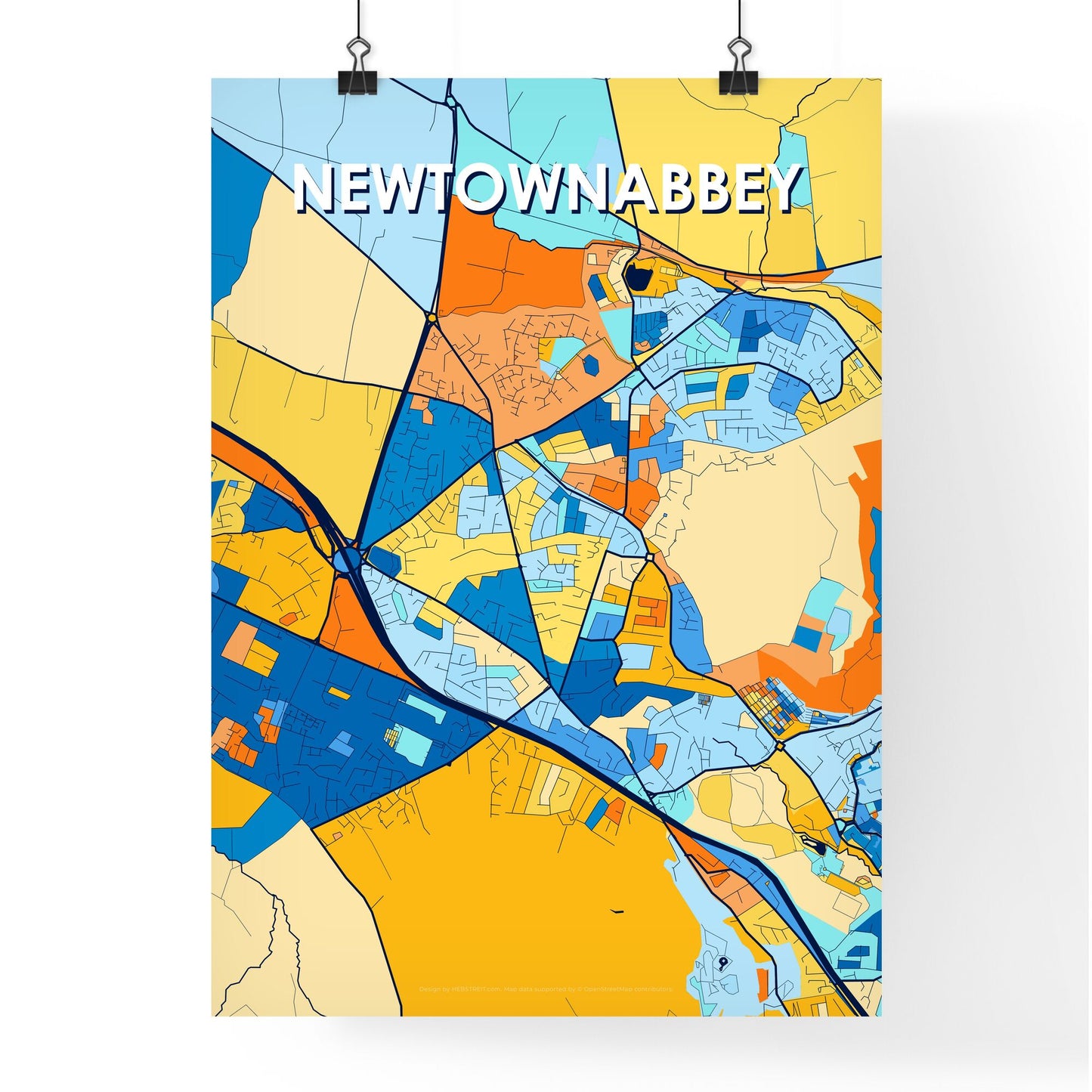 NEWTOWNABBEY NORTHERN IRELAND Vibrant Colorful Art Map Poster Blue Orange