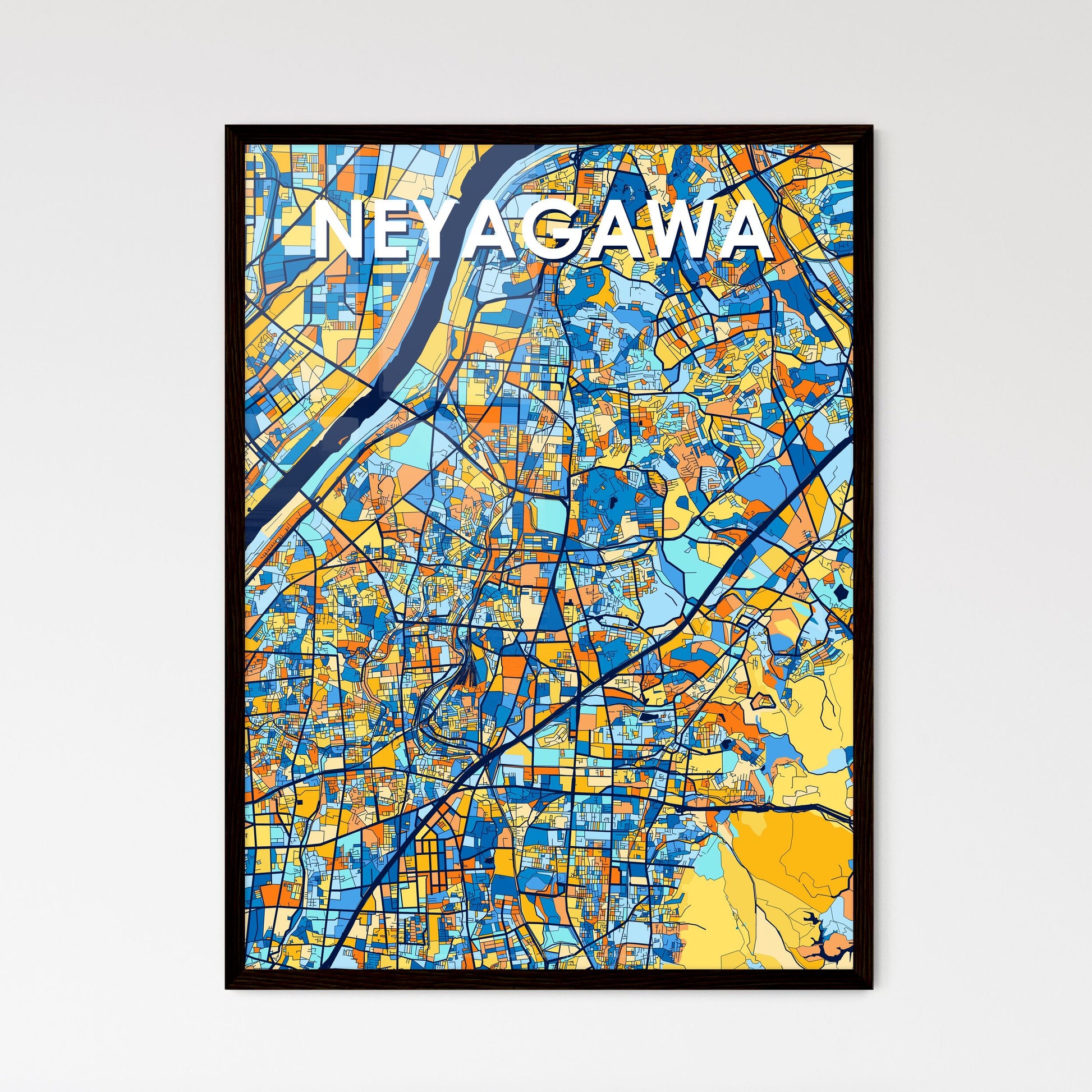 NEYAGAWA JAPAN Vibrant Colorful Art Map Poster Blue Orange