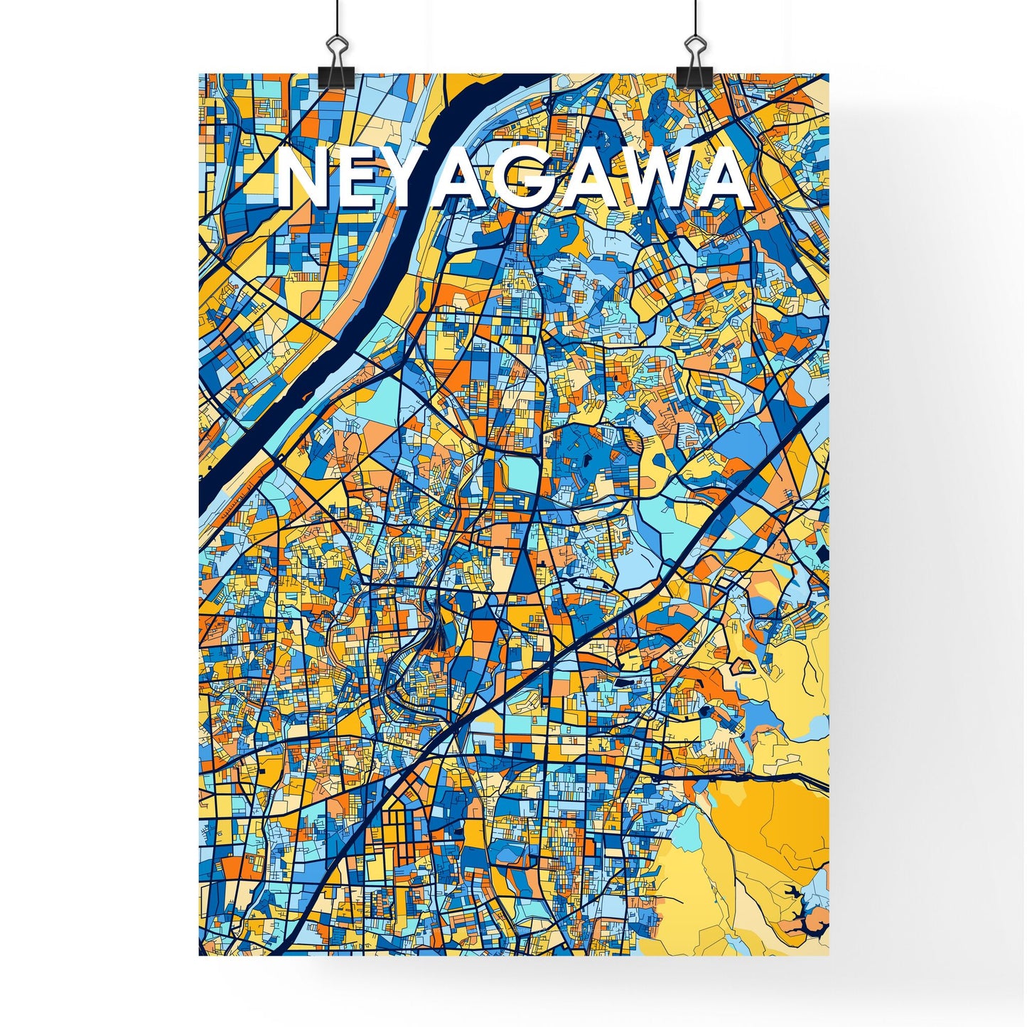 NEYAGAWA JAPAN Vibrant Colorful Art Map Poster Blue Orange