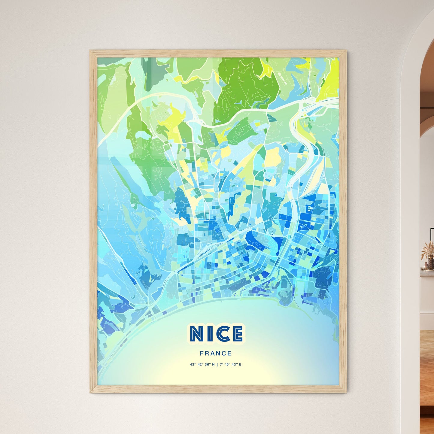 Colorful Nice France Fine Art Map Cool Blue