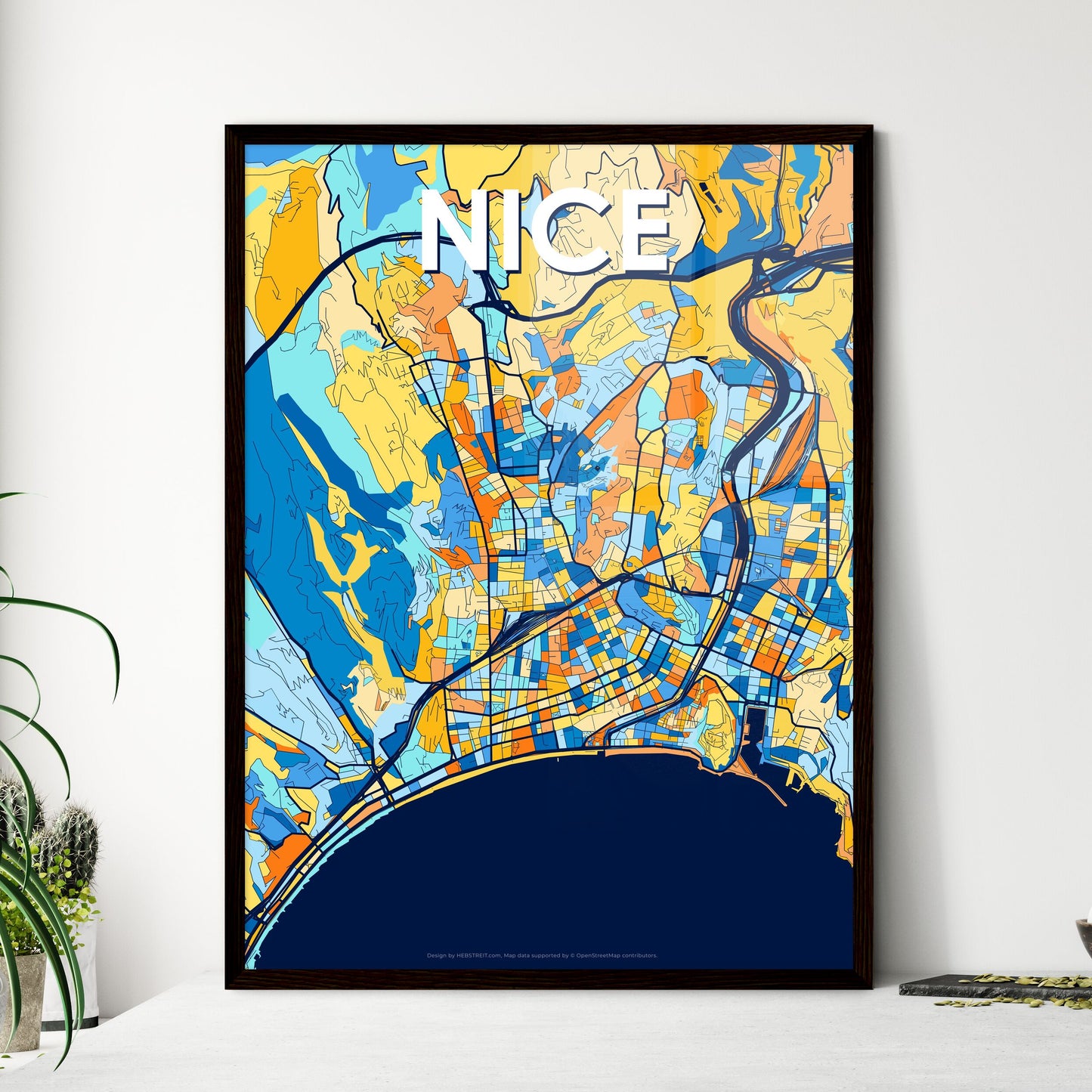 NICE FRANCE Vibrant Colorful Art Map Poster Blue Orange