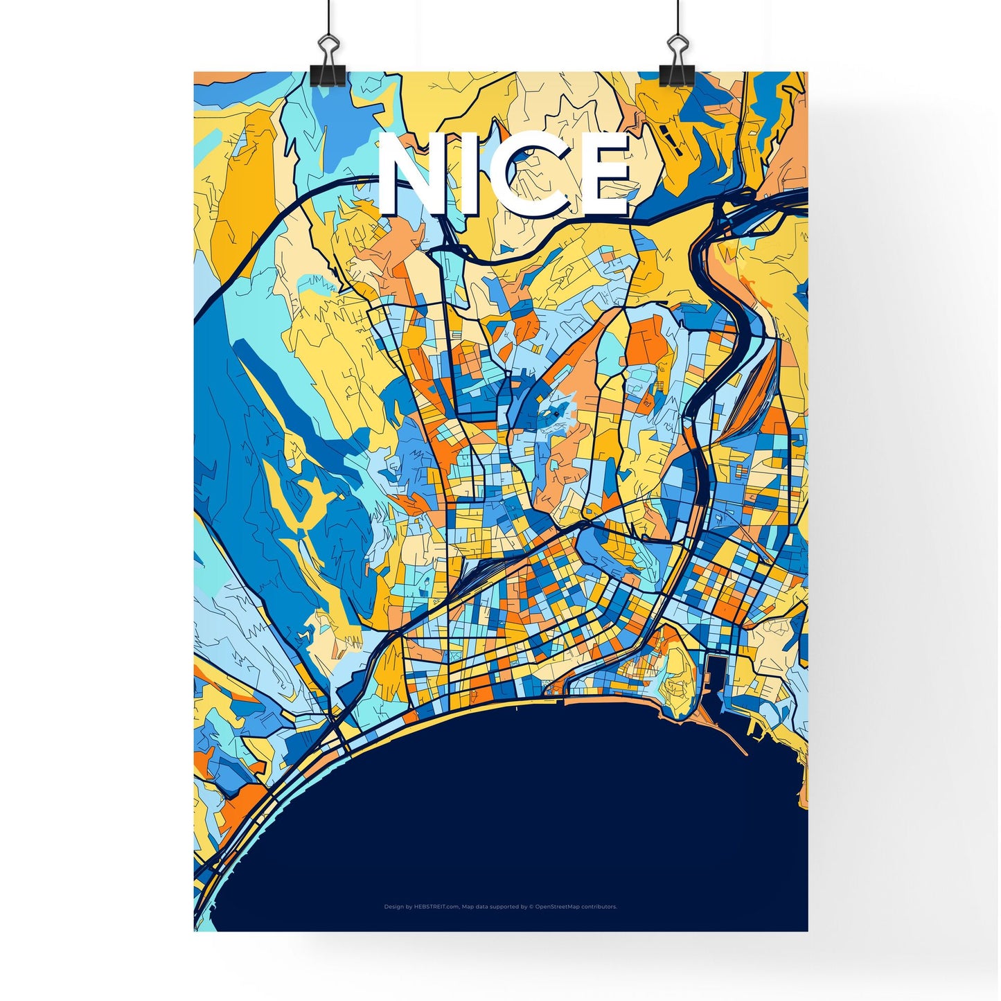 NICE FRANCE Vibrant Colorful Art Map Poster Blue Orange