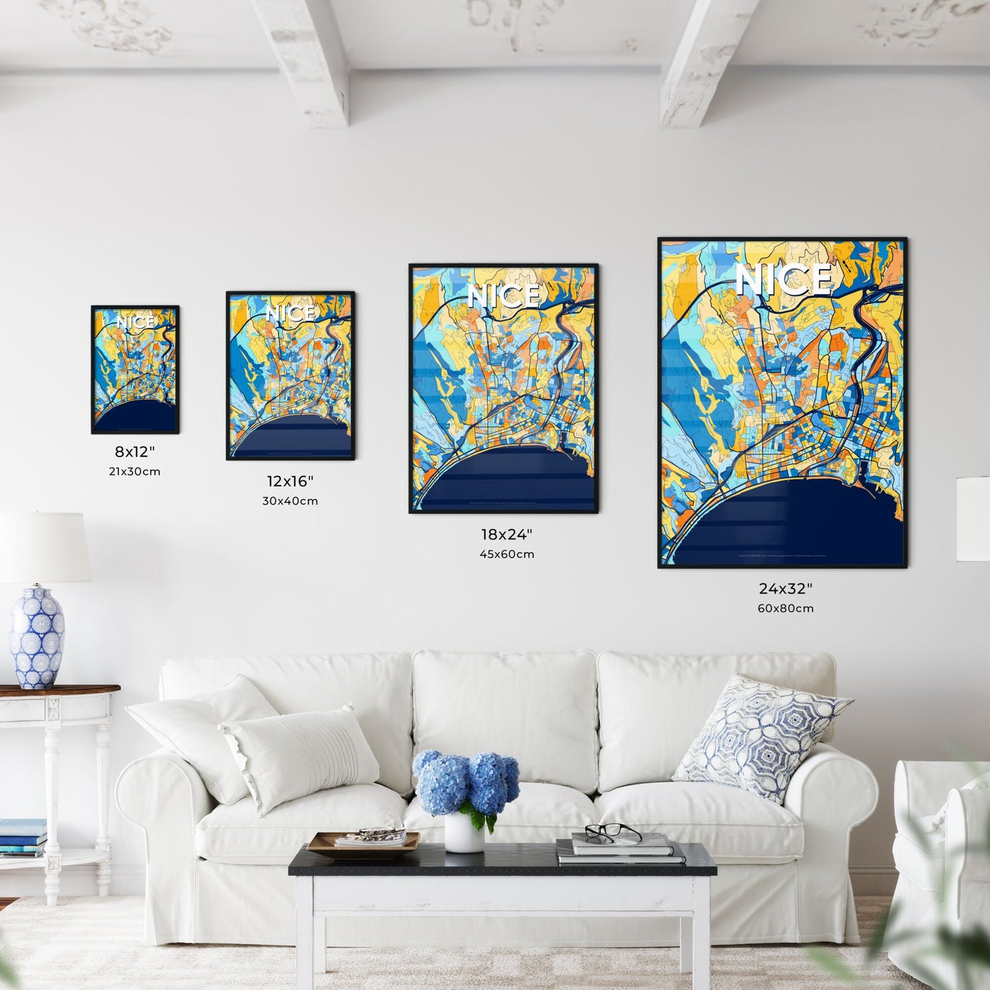 NICE FRANCE Vibrant Colorful Art Map Poster Blue Orange