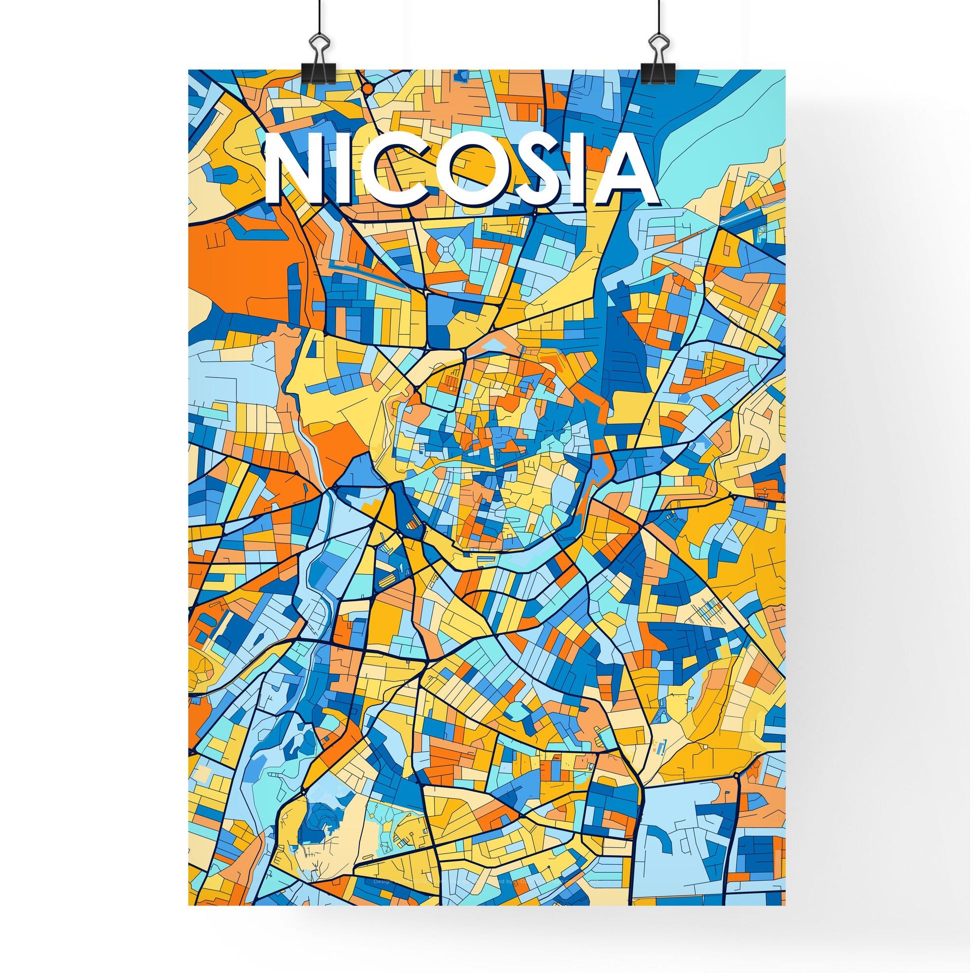 NICOSIA CYPRUS Vibrant Colorful Art Map Poster Blue Orange