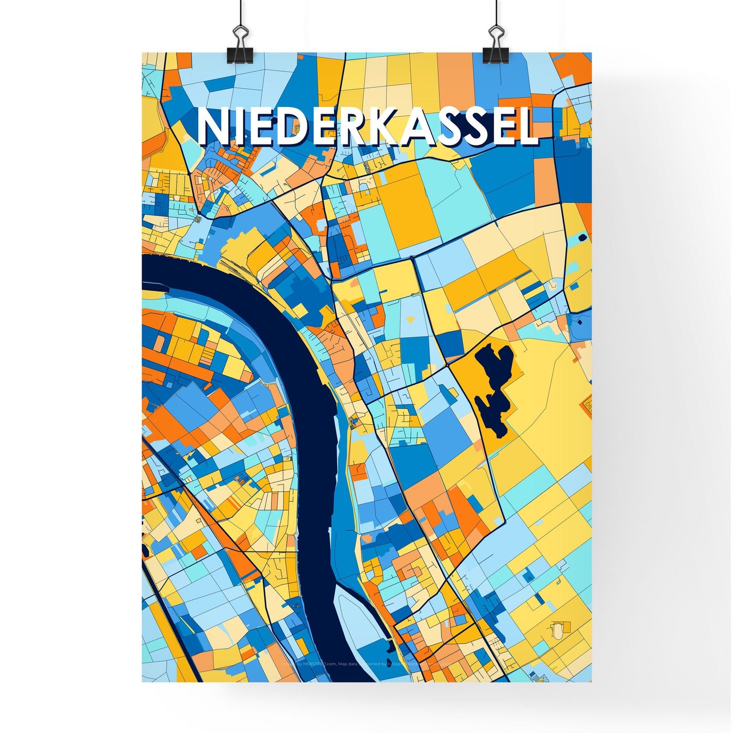 NIEDERKASSEL GERMANY Vibrant Colorful Art Map Poster Blue Orange