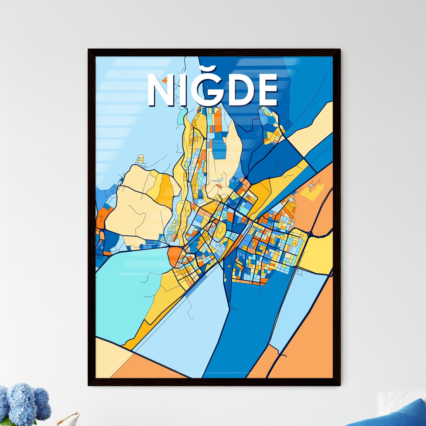 NIĞDE TURKEY Vibrant Colorful Art Map Poster Blue Orange