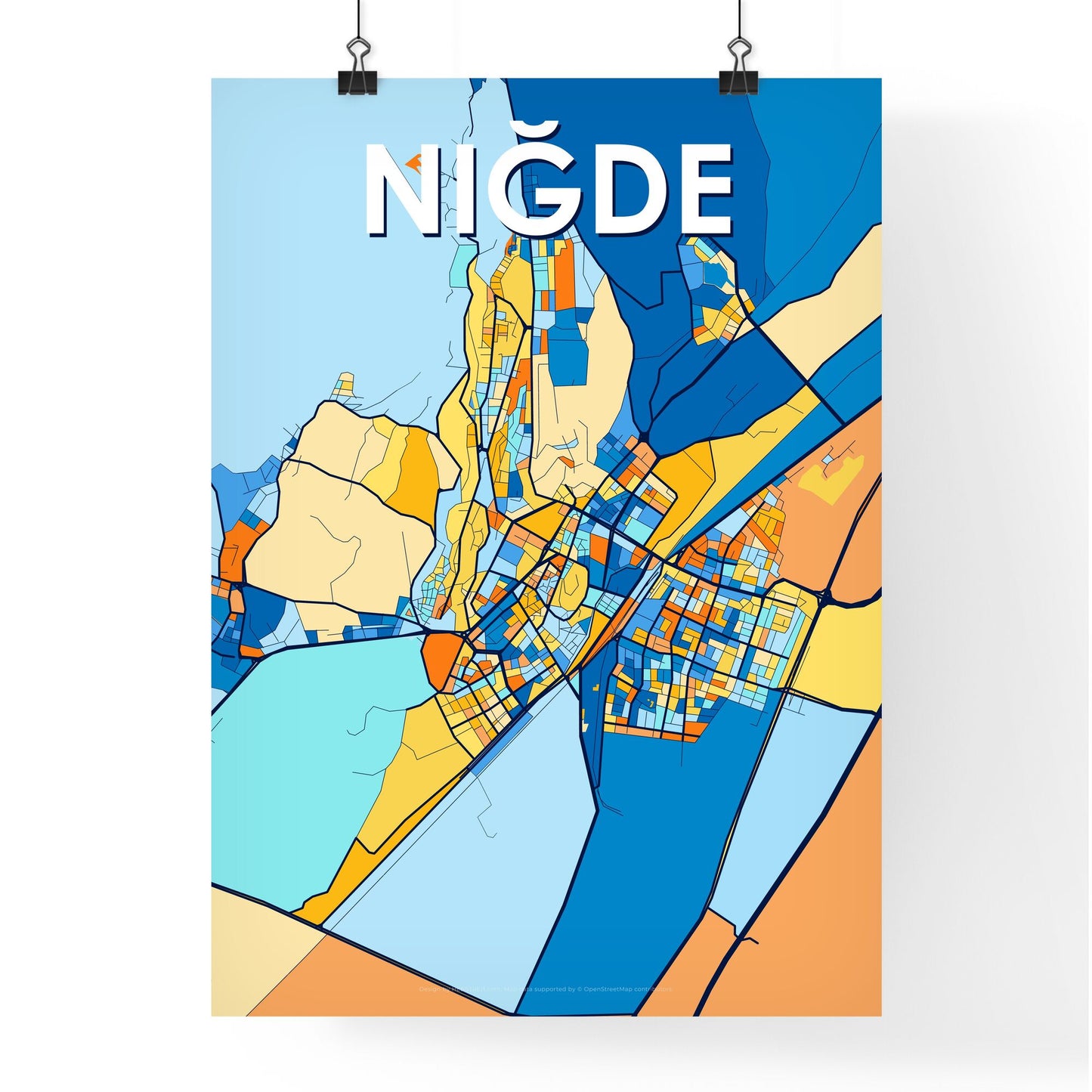 NIĞDE TURKEY Vibrant Colorful Art Map Poster Blue Orange