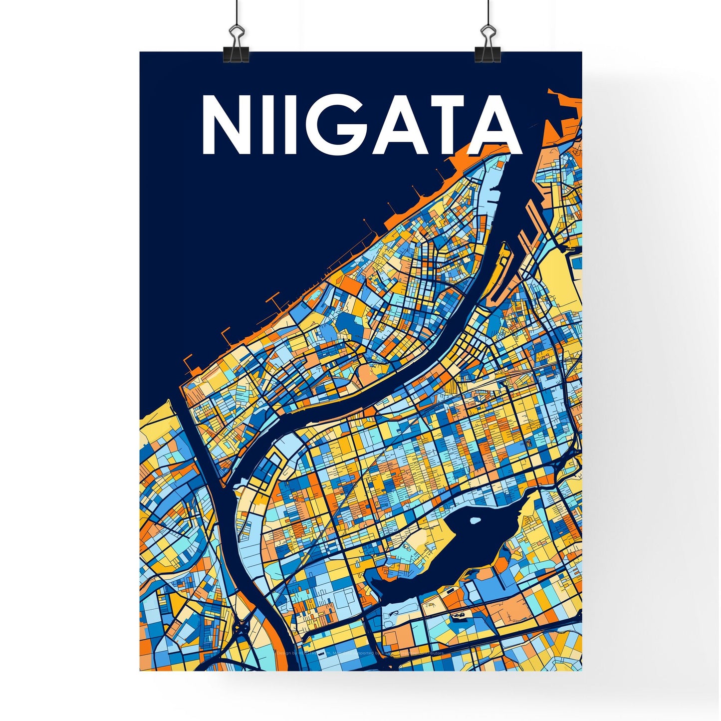 NIIGATA JAPAN Vibrant Colorful Art Map Poster Blue Orange