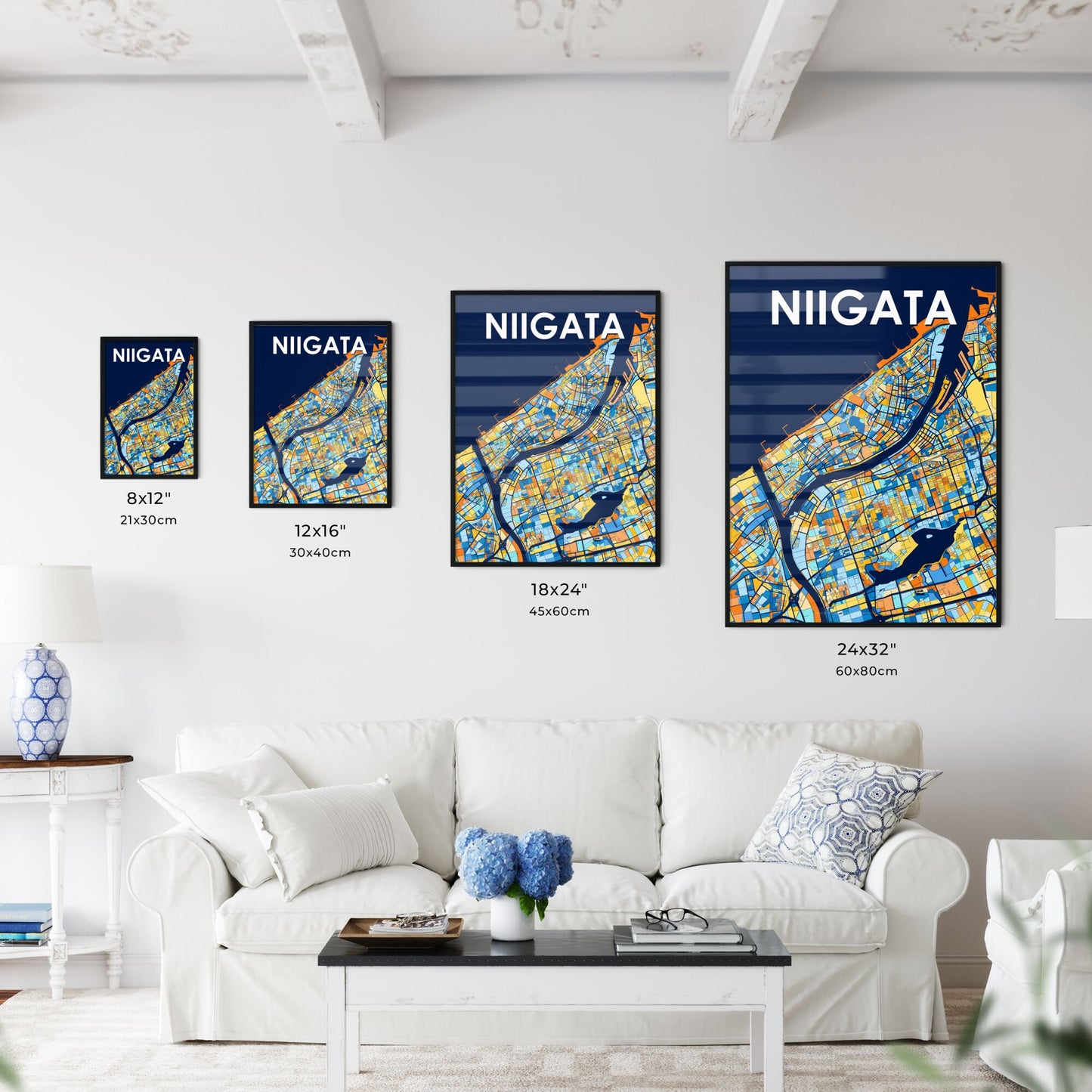 NIIGATA JAPAN Vibrant Colorful Art Map Poster Blue Orange