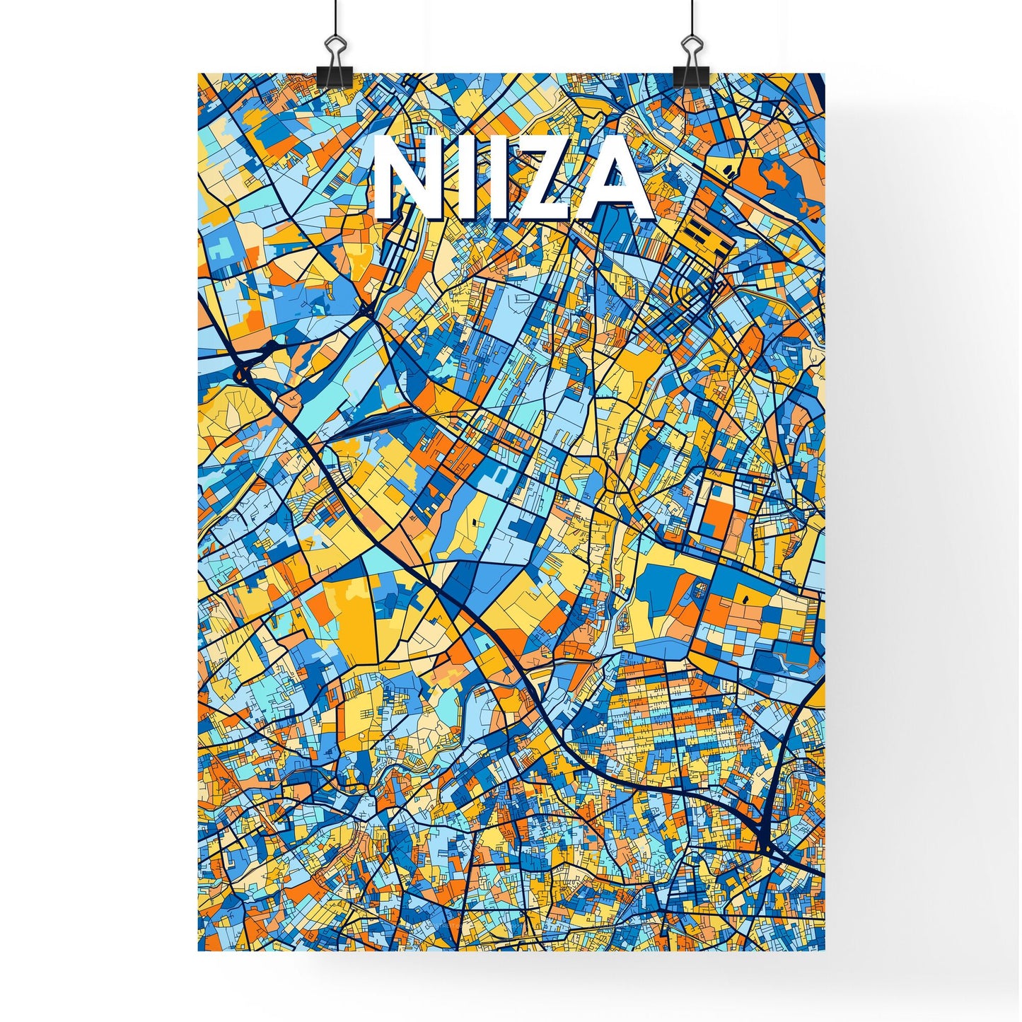 NIIZA JAPAN Vibrant Colorful Art Map Poster Blue Orange