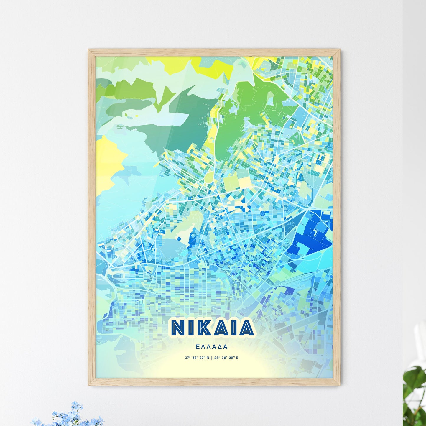 Colorful Nikaia Greece Fine Art Map Cool Blue