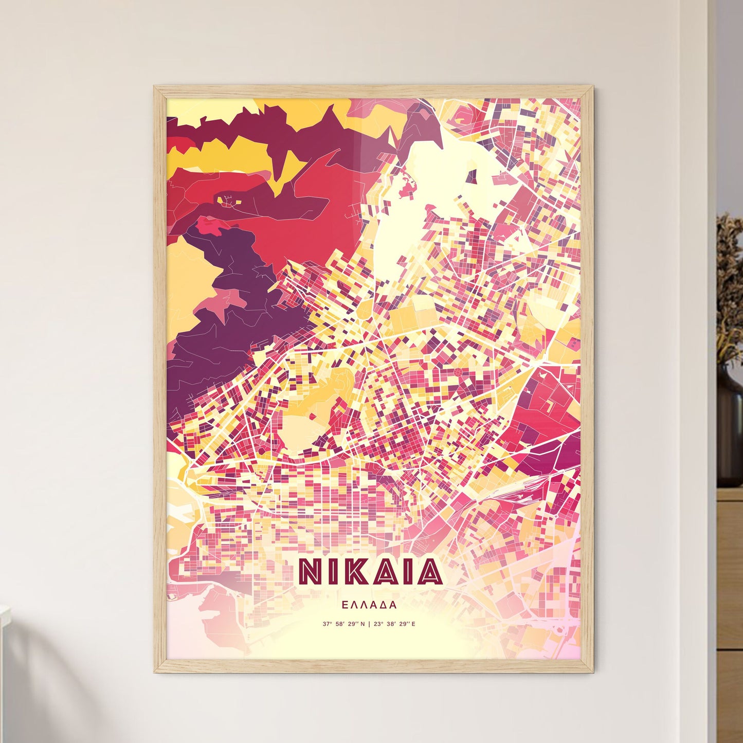 Colorful Nikaia Greece Fine Art Map Hot Red