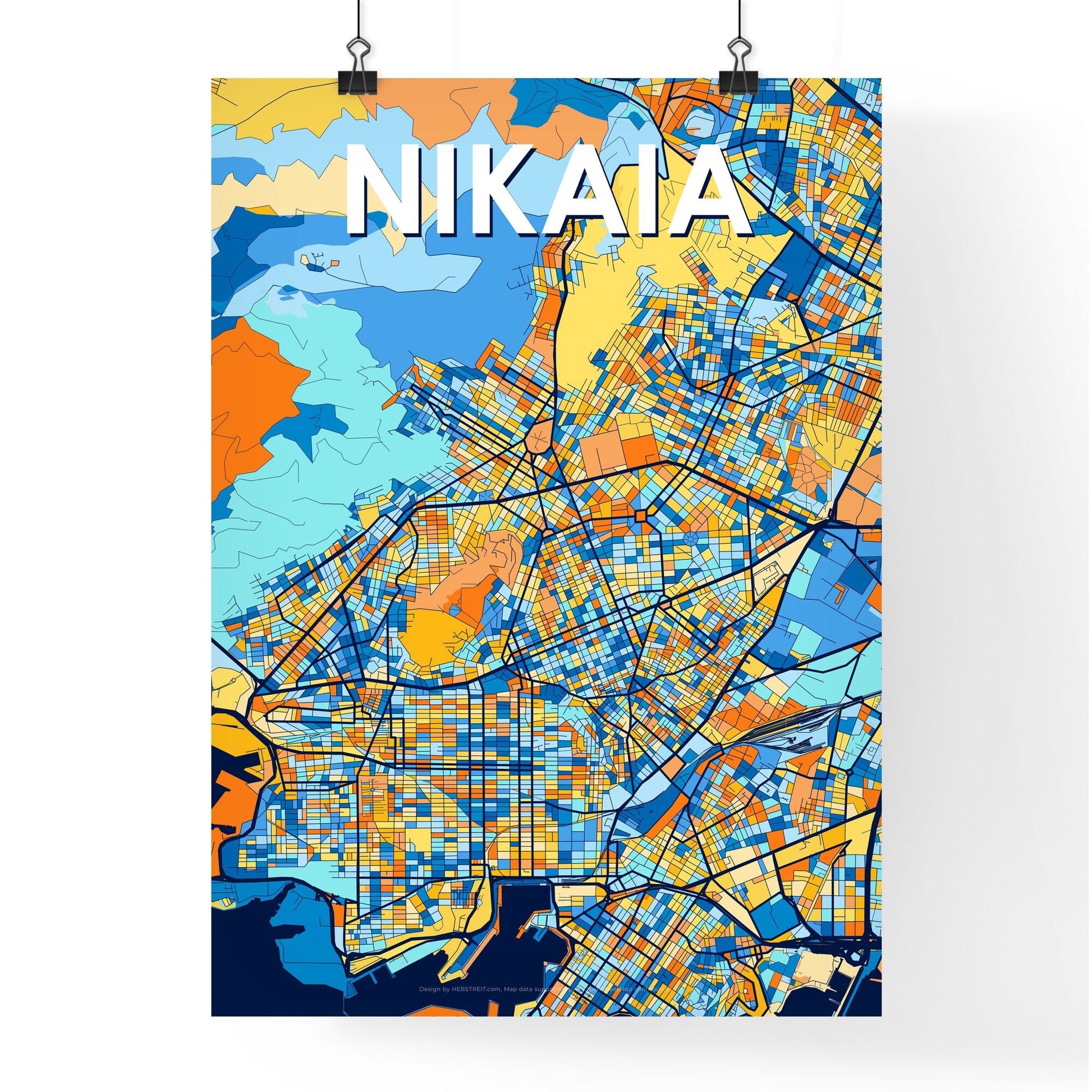 NIKAIA GREECE Vibrant Colorful Art Map Poster Blue Orange