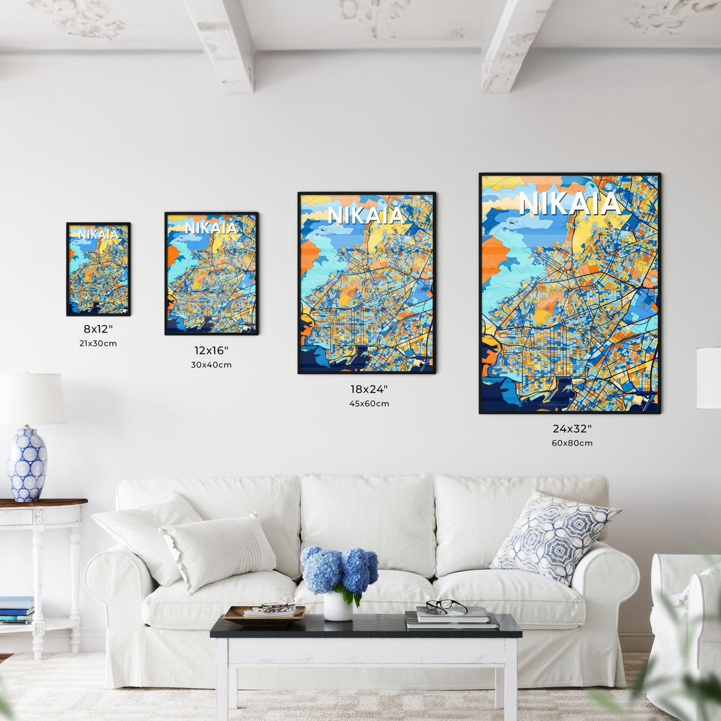 NIKAIA GREECE Vibrant Colorful Art Map Poster Blue Orange