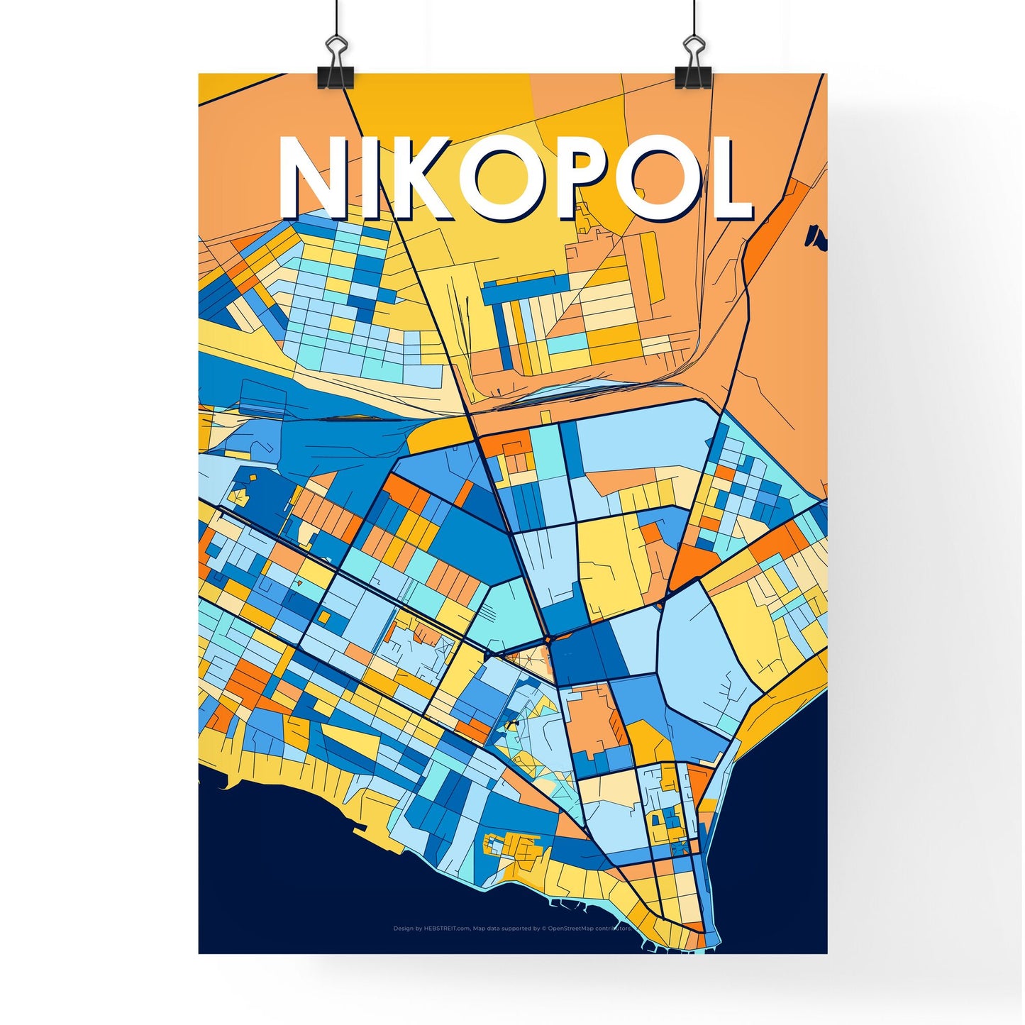 NIKOPOL UKRAINE Vibrant Colorful Art Map Poster Blue Orange