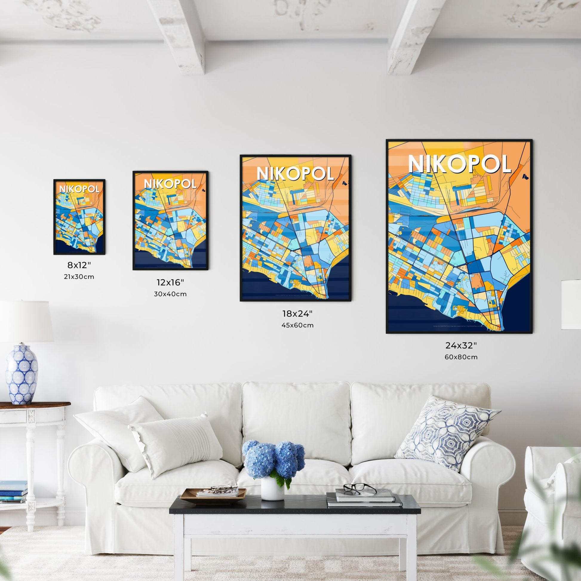 NIKOPOL UKRAINE Vibrant Colorful Art Map Poster Blue Orange