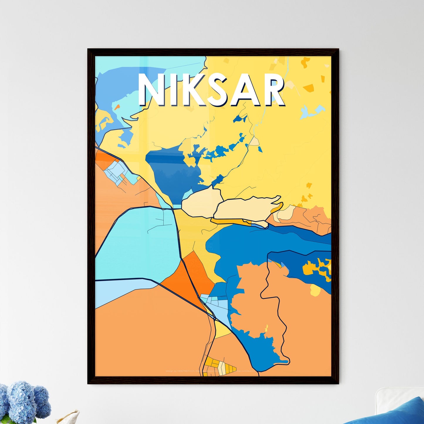 NIKSAR TURKEY Vibrant Colorful Art Map Poster Blue Orange