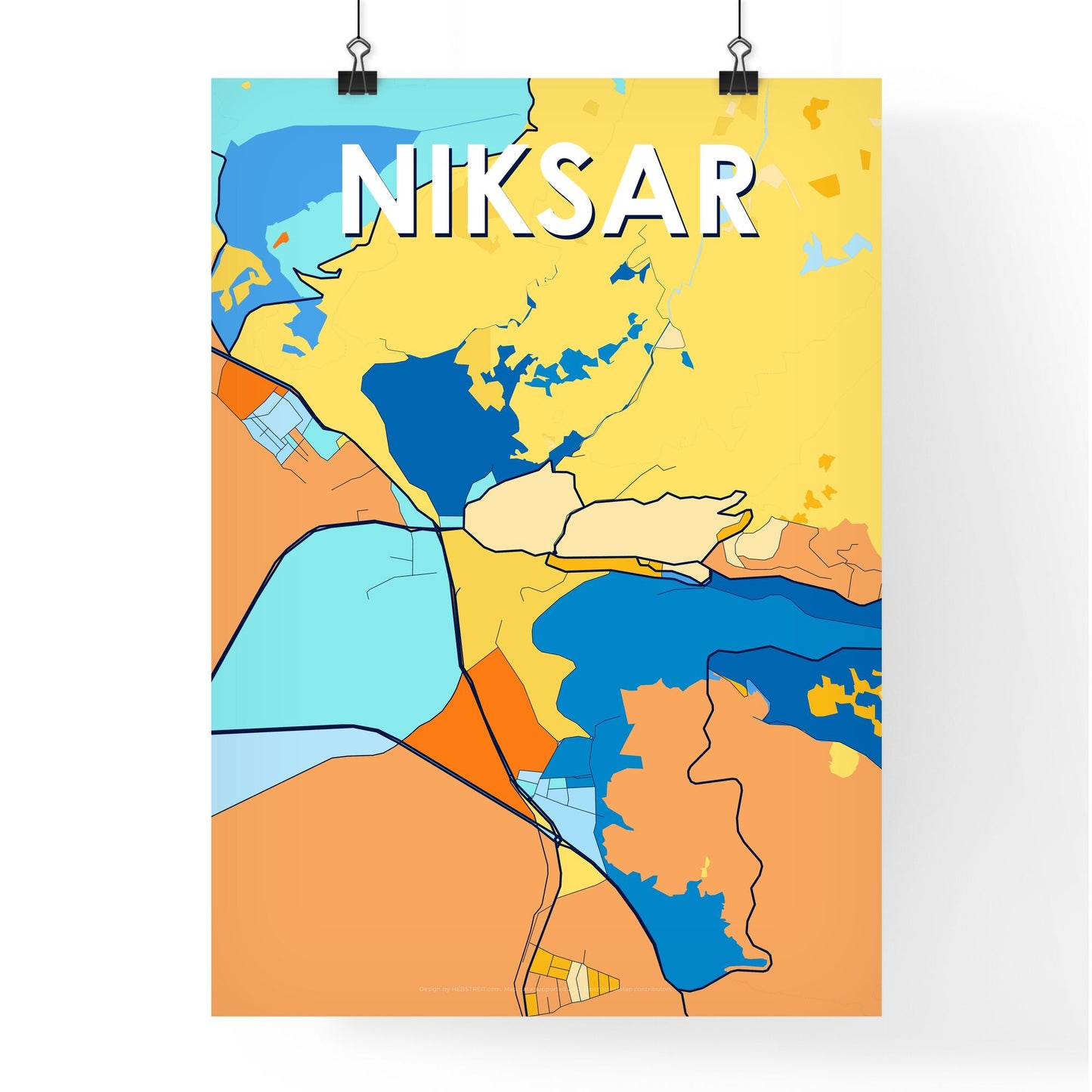 NIKSAR TURKEY Vibrant Colorful Art Map Poster Blue Orange