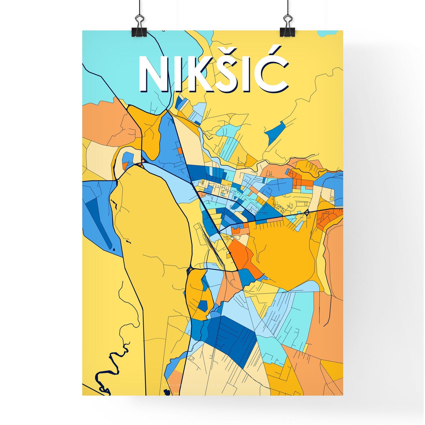 NIKŠIĆ MONTENEGRO Vibrant Colorful Art Map Poster Blue Orange