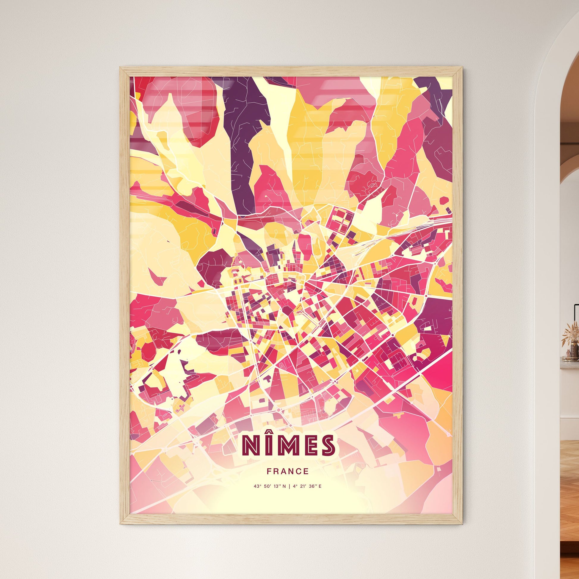 Colorful Nîmes France Fine Art Map Hot Red