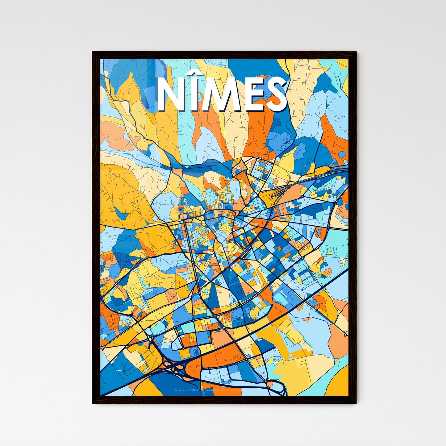 NÎMES FRANCE Vibrant Colorful Art Map Poster Blue Orange