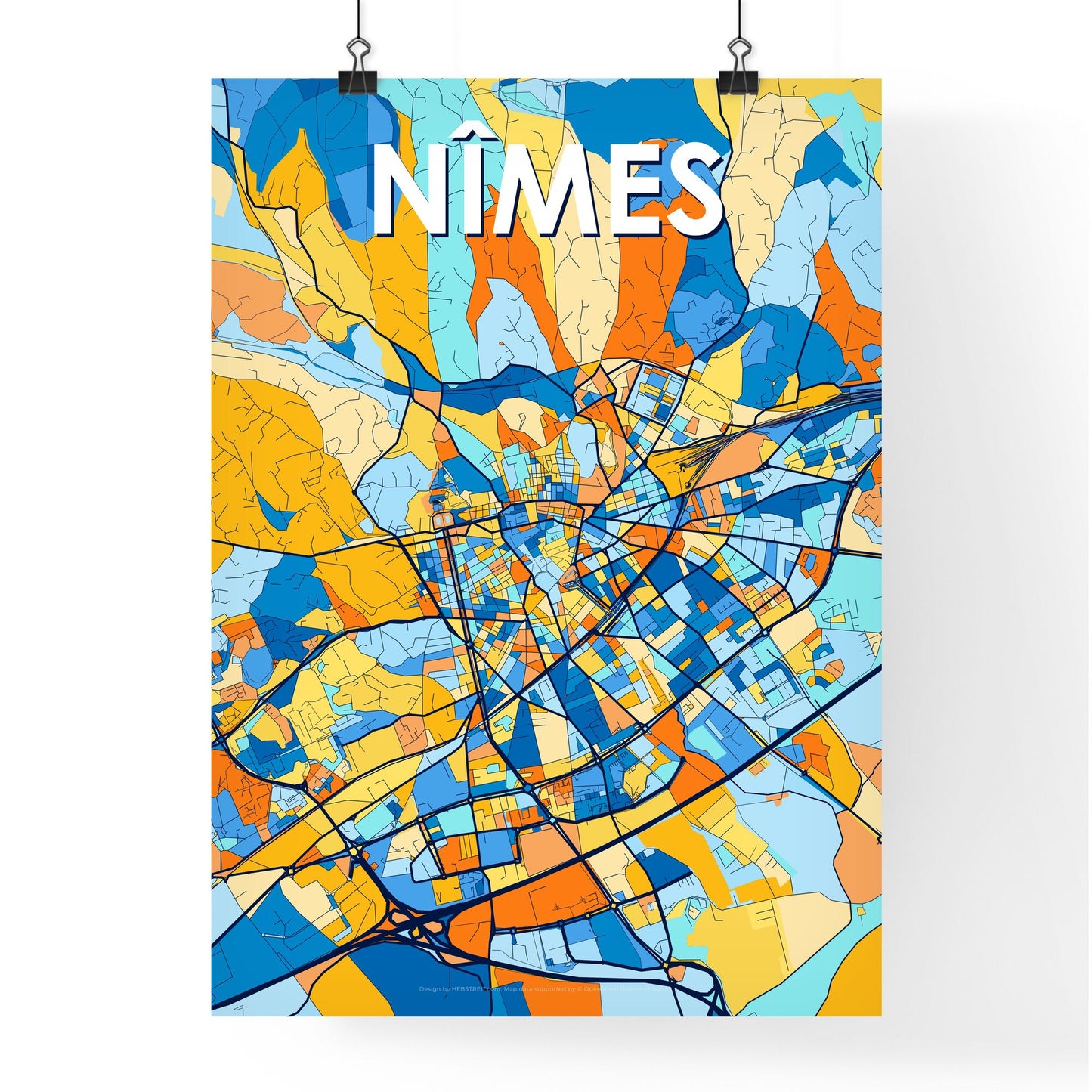 NÎMES FRANCE Vibrant Colorful Art Map Poster Blue Orange