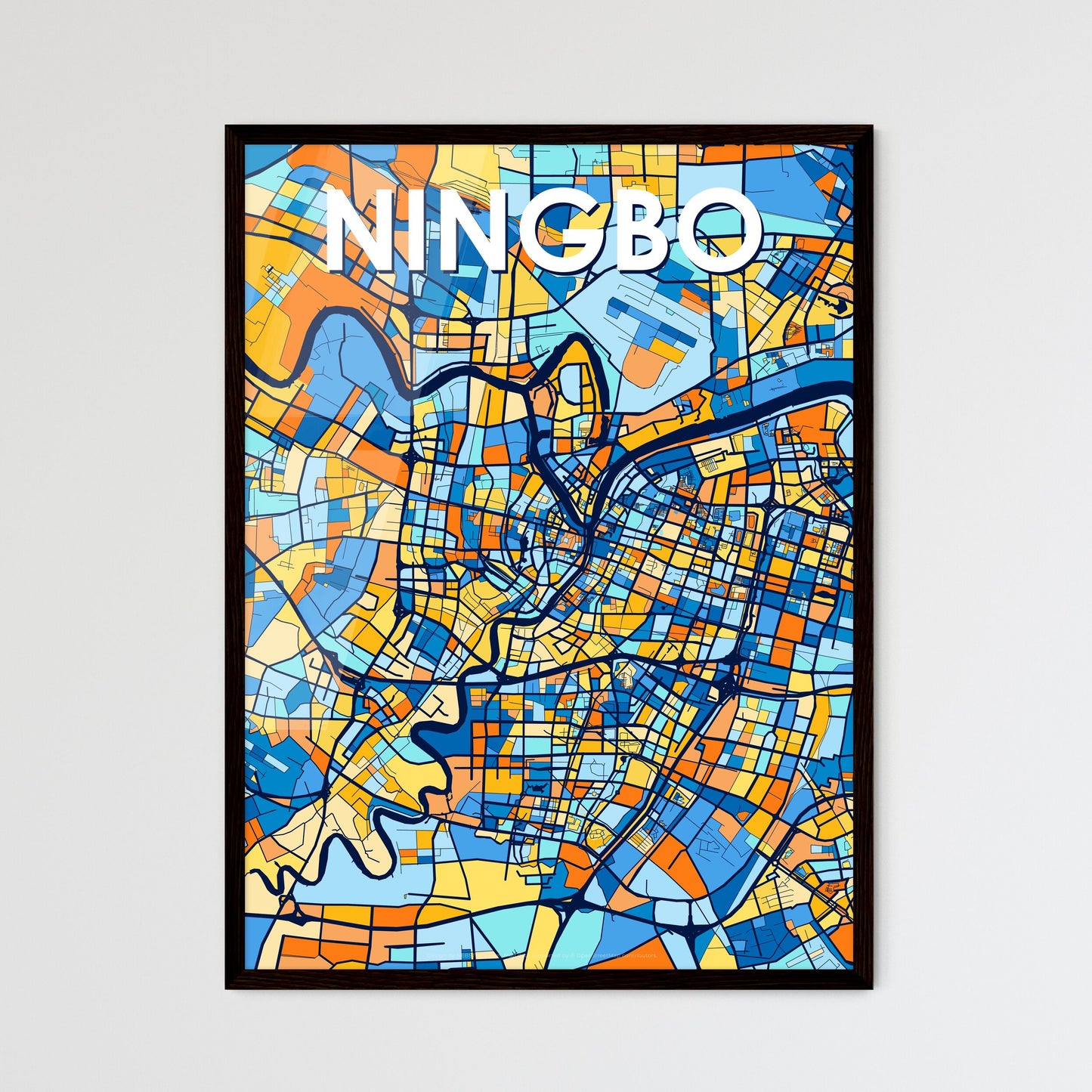 NINGBO CHINA Vibrant Colorful Art Map Poster Blue Orange