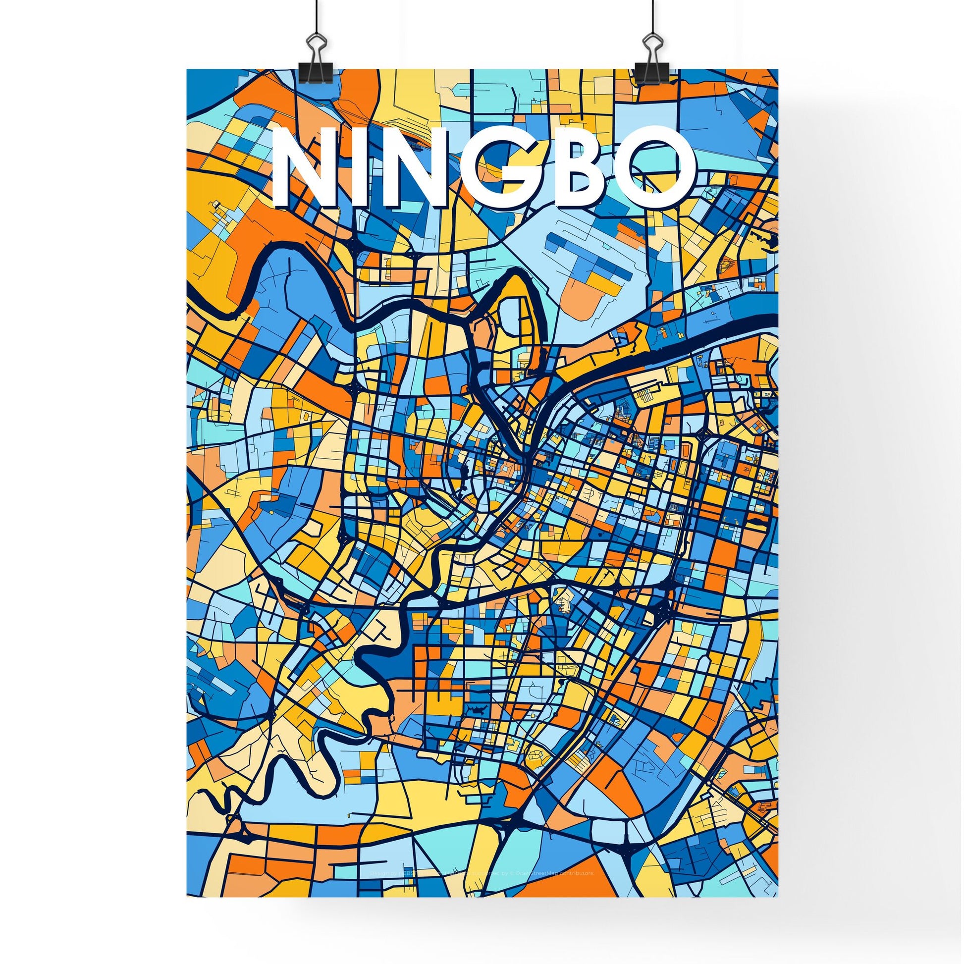 NINGBO CHINA Vibrant Colorful Art Map Poster Blue Orange