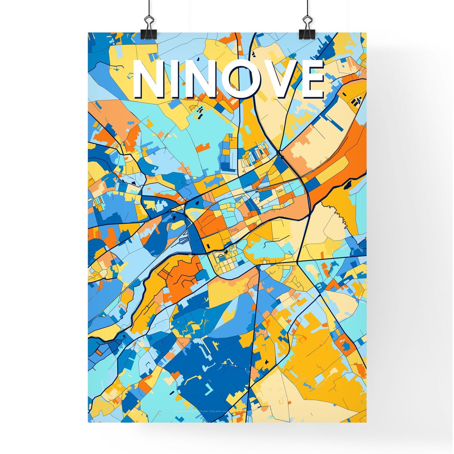 NINOVE BELGIUM Vibrant Colorful Art Map Poster Blue Orange