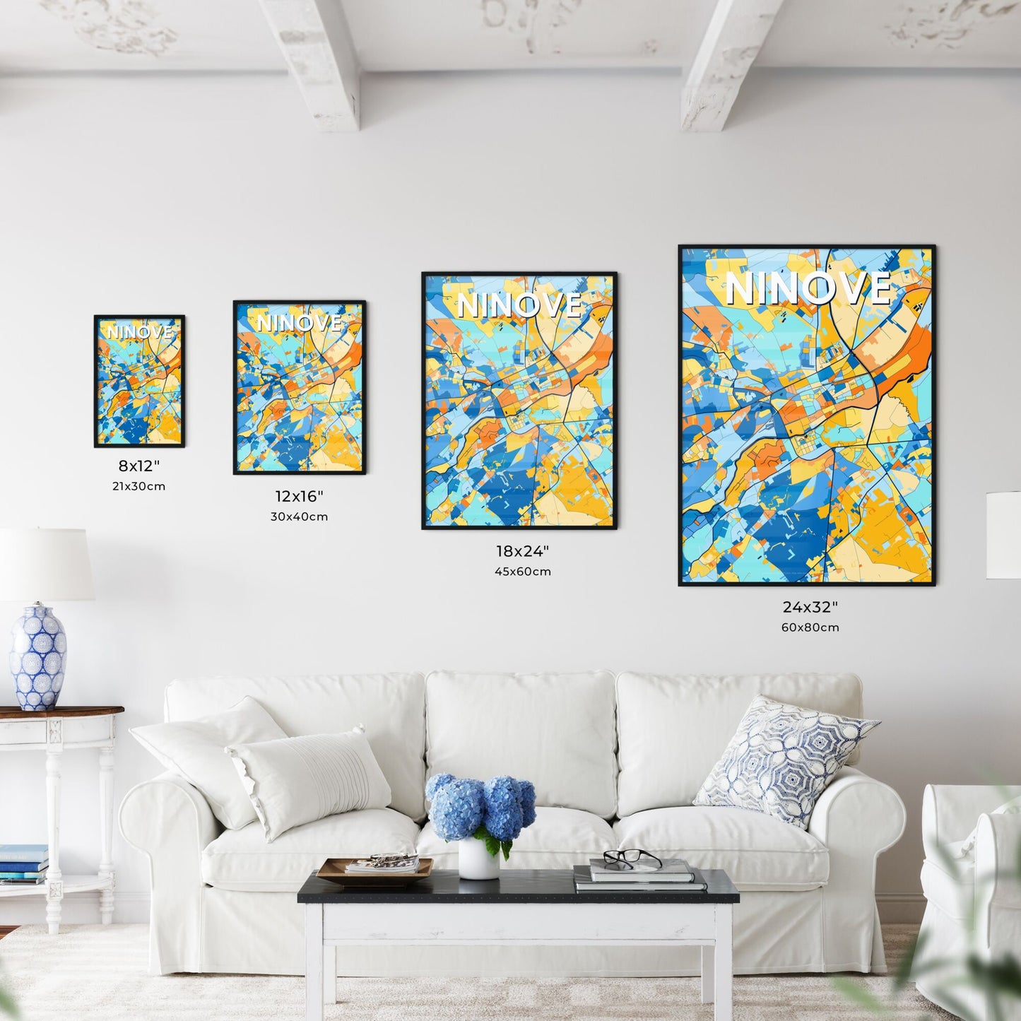 NINOVE BELGIUM Vibrant Colorful Art Map Poster Blue Orange