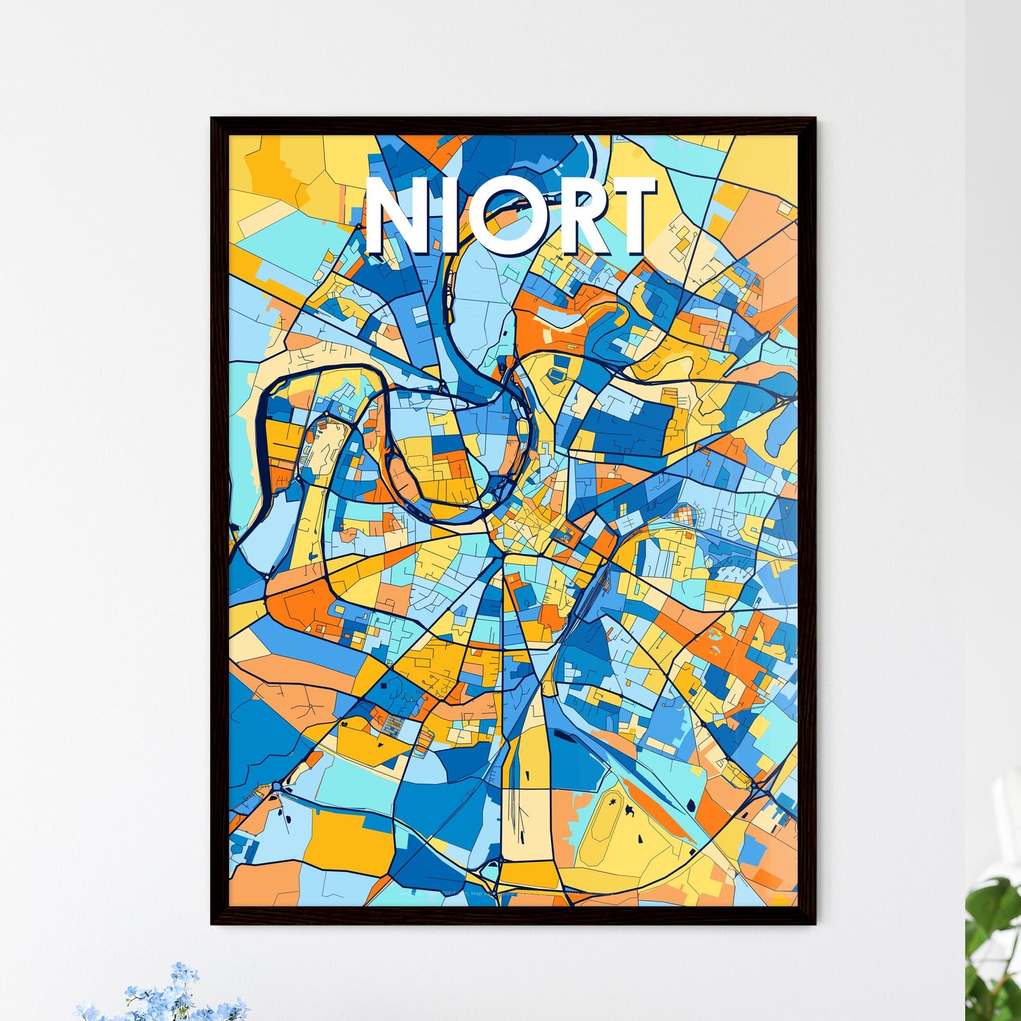 NIORT FRANCE Vibrant Colorful Art Map Poster Blue Orange