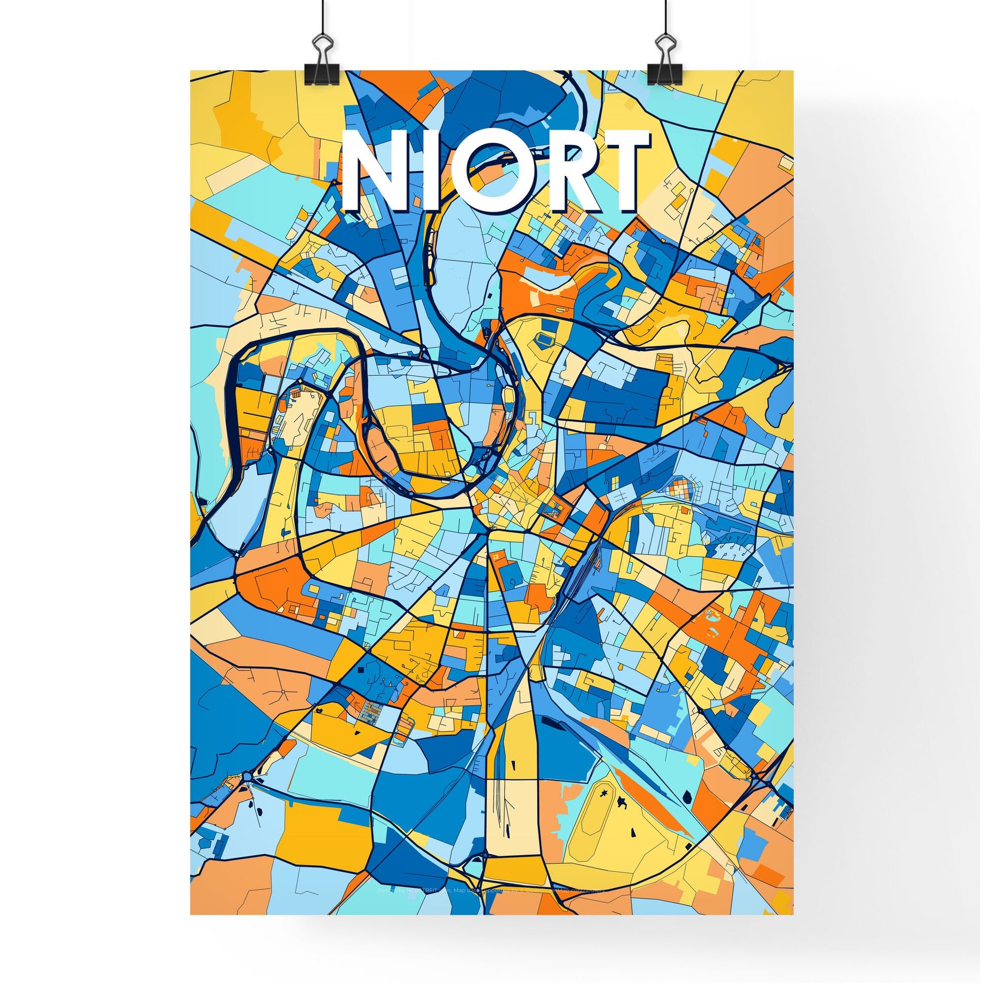 NIORT FRANCE Vibrant Colorful Art Map Poster Blue Orange