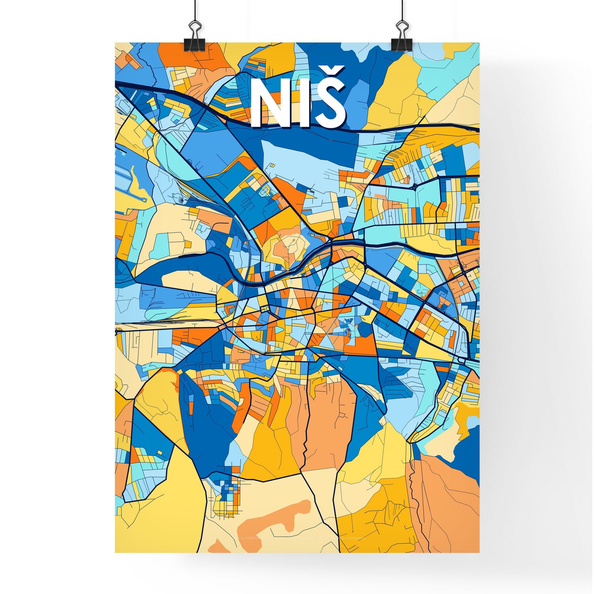 NIŠ SERBIA Vibrant Colorful Art Map Poster Blue Orange