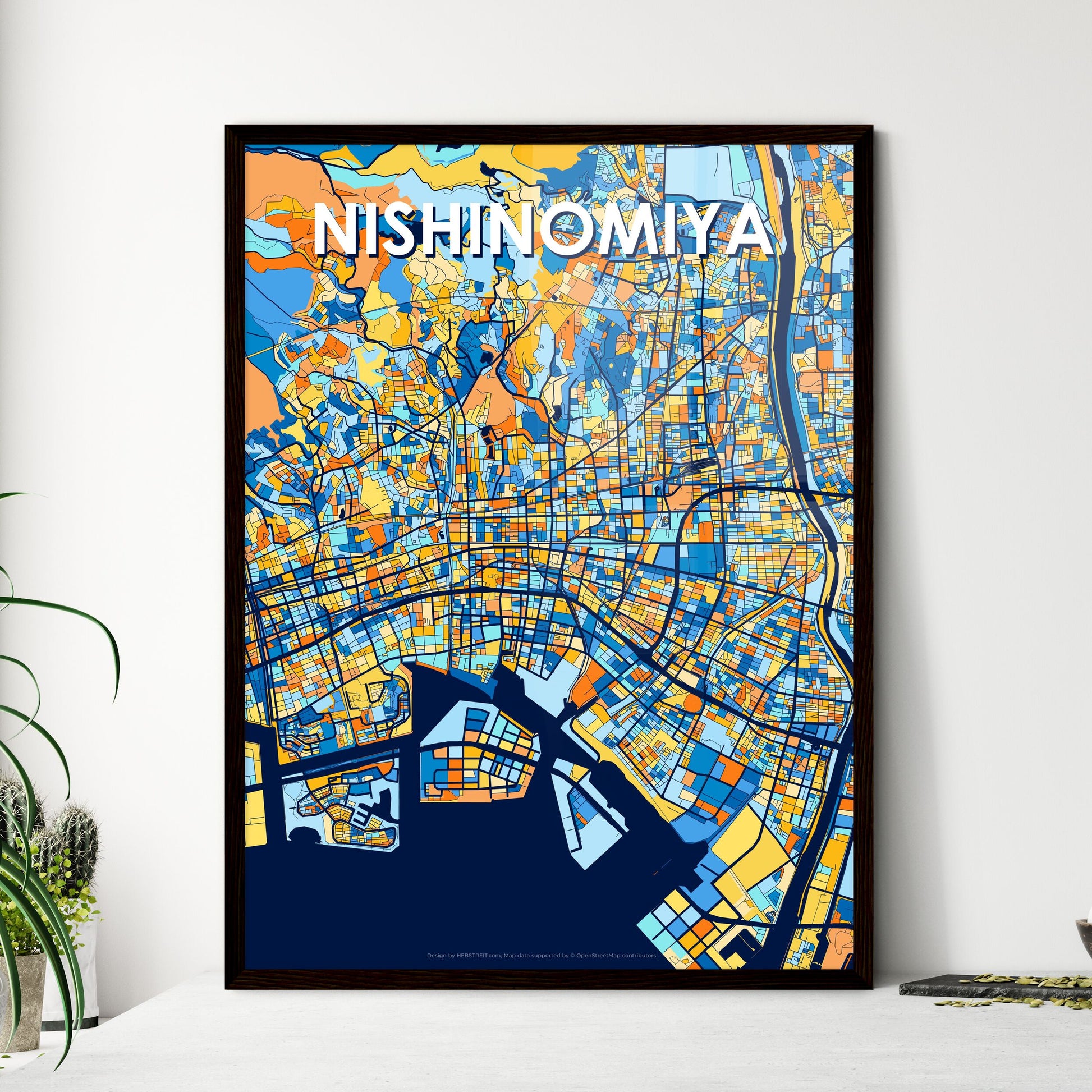 NISHINOMIYA JAPAN Vibrant Colorful Art Map Poster Blue Orange