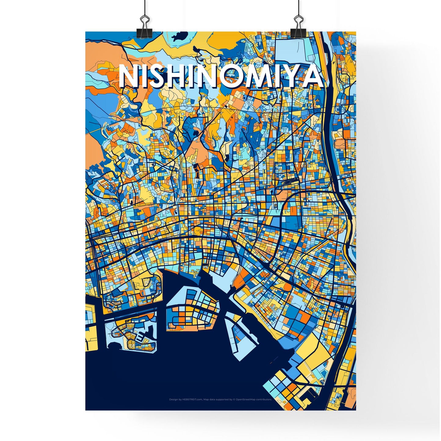 NISHINOMIYA JAPAN Vibrant Colorful Art Map Poster Blue Orange