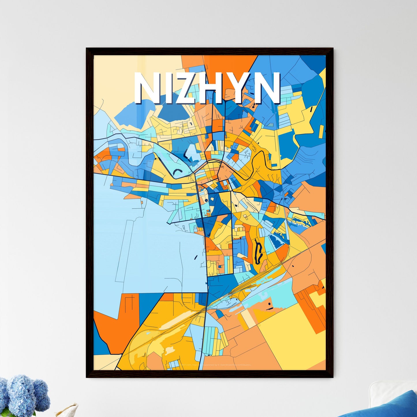 NIZHYN UKRAINE Vibrant Colorful Art Map Poster Blue Orange