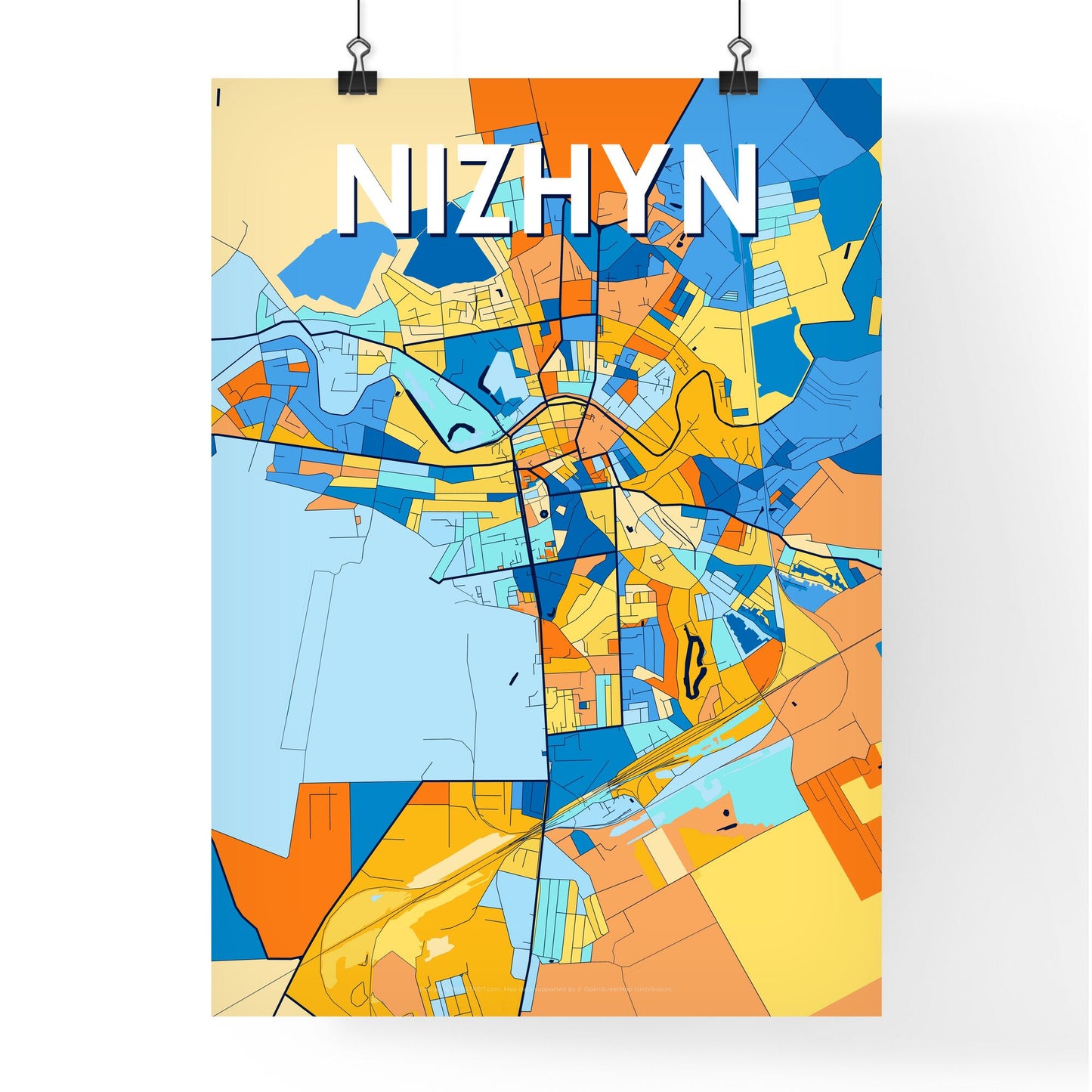 NIZHYN UKRAINE Vibrant Colorful Art Map Poster Blue Orange