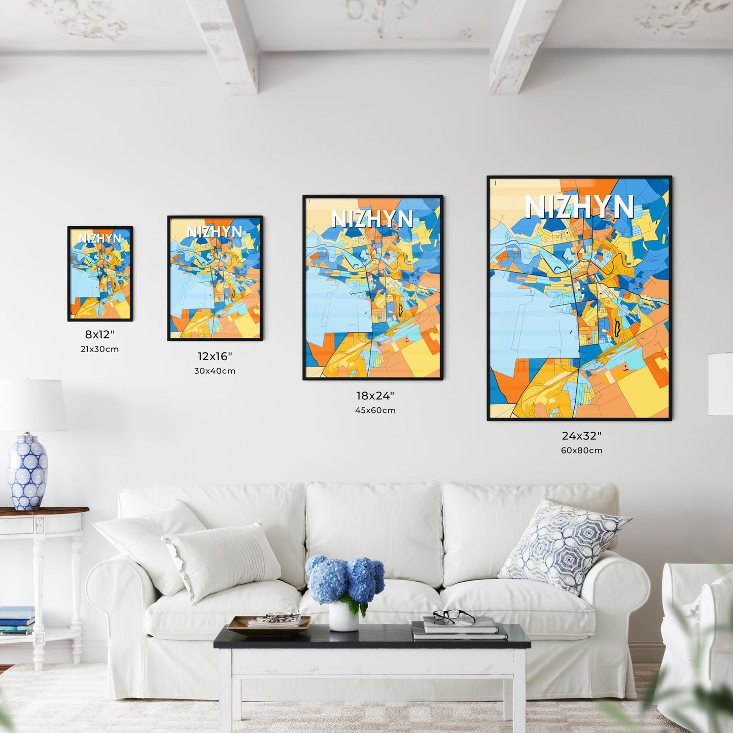 NIZHYN UKRAINE Vibrant Colorful Art Map Poster Blue Orange