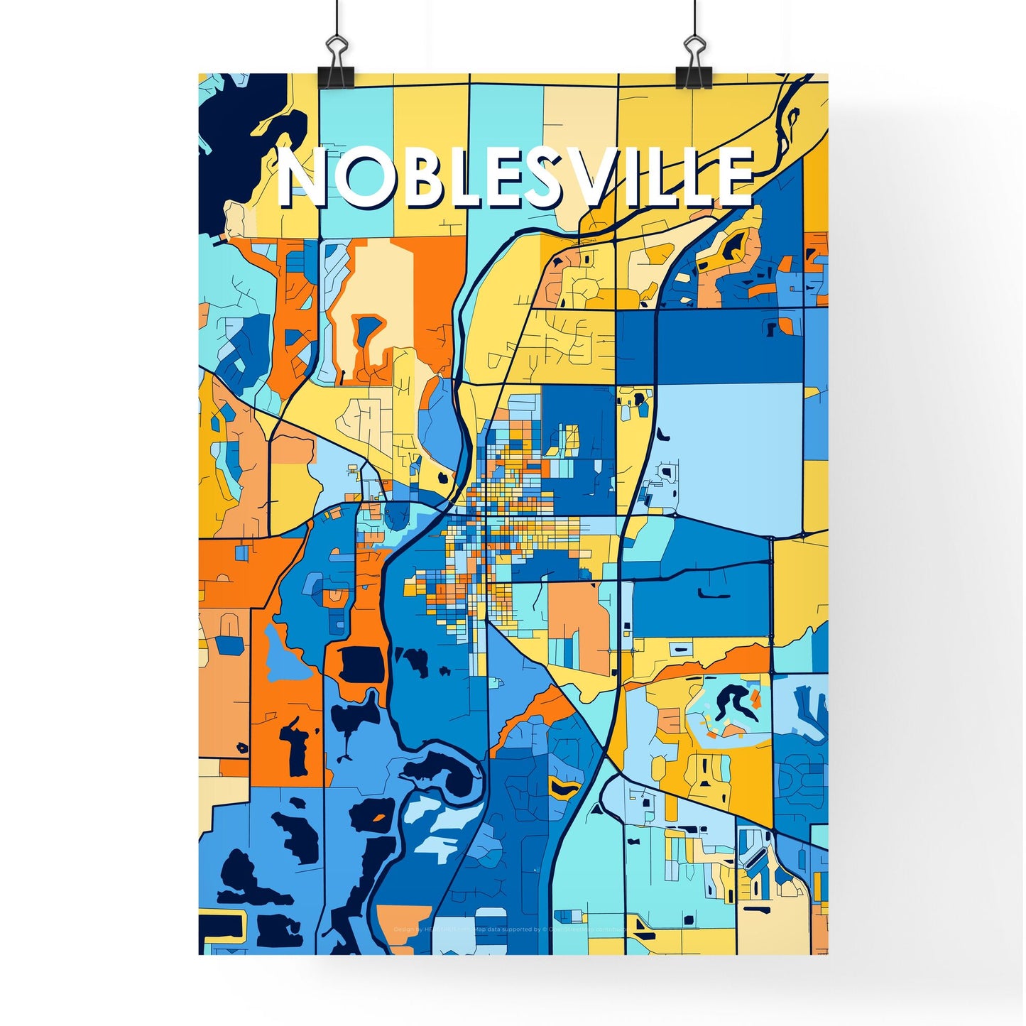 NOBLESVILLE INDIANA Vibrant Colorful Art Map Poster Blue Orange