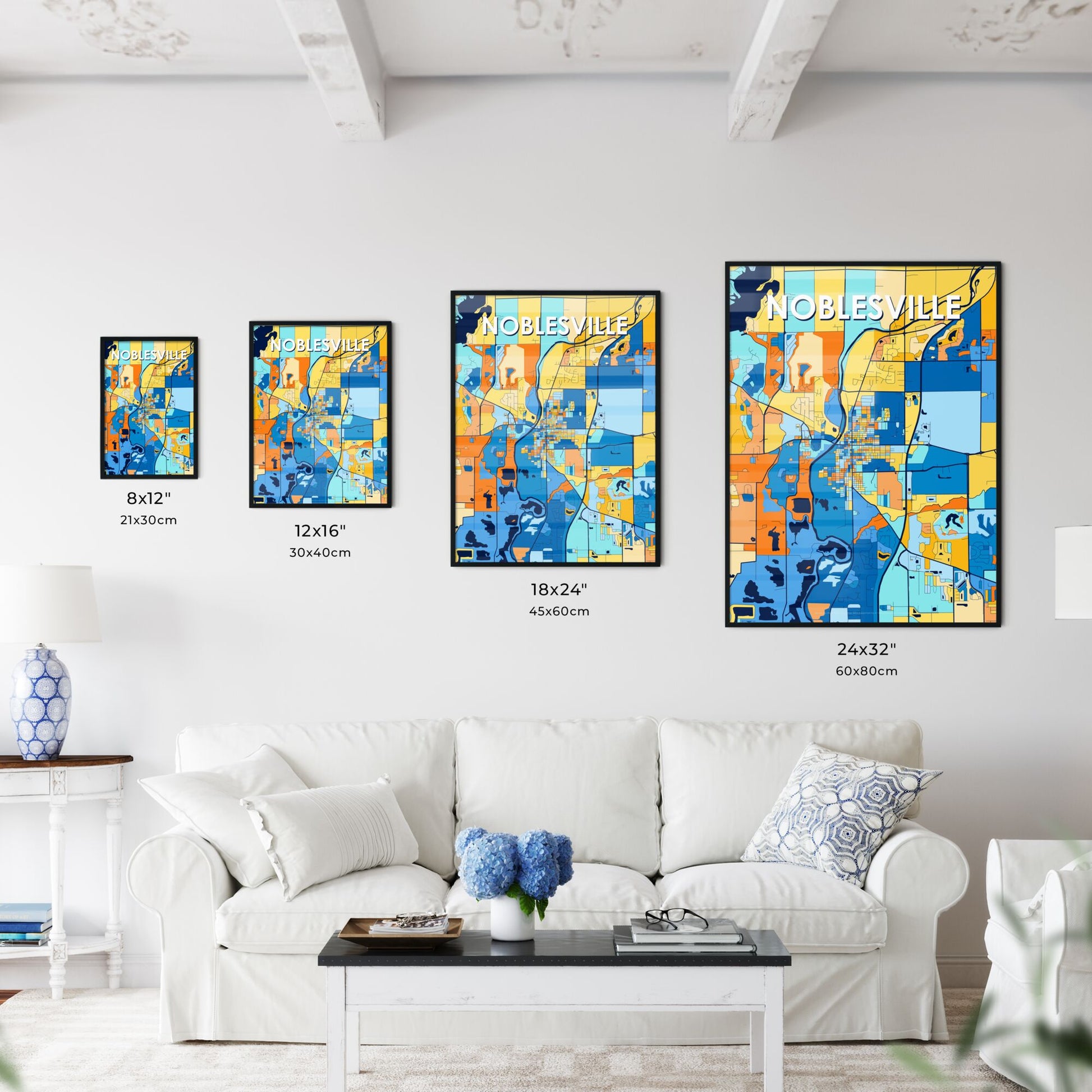 NOBLESVILLE INDIANA Vibrant Colorful Art Map Poster Blue Orange