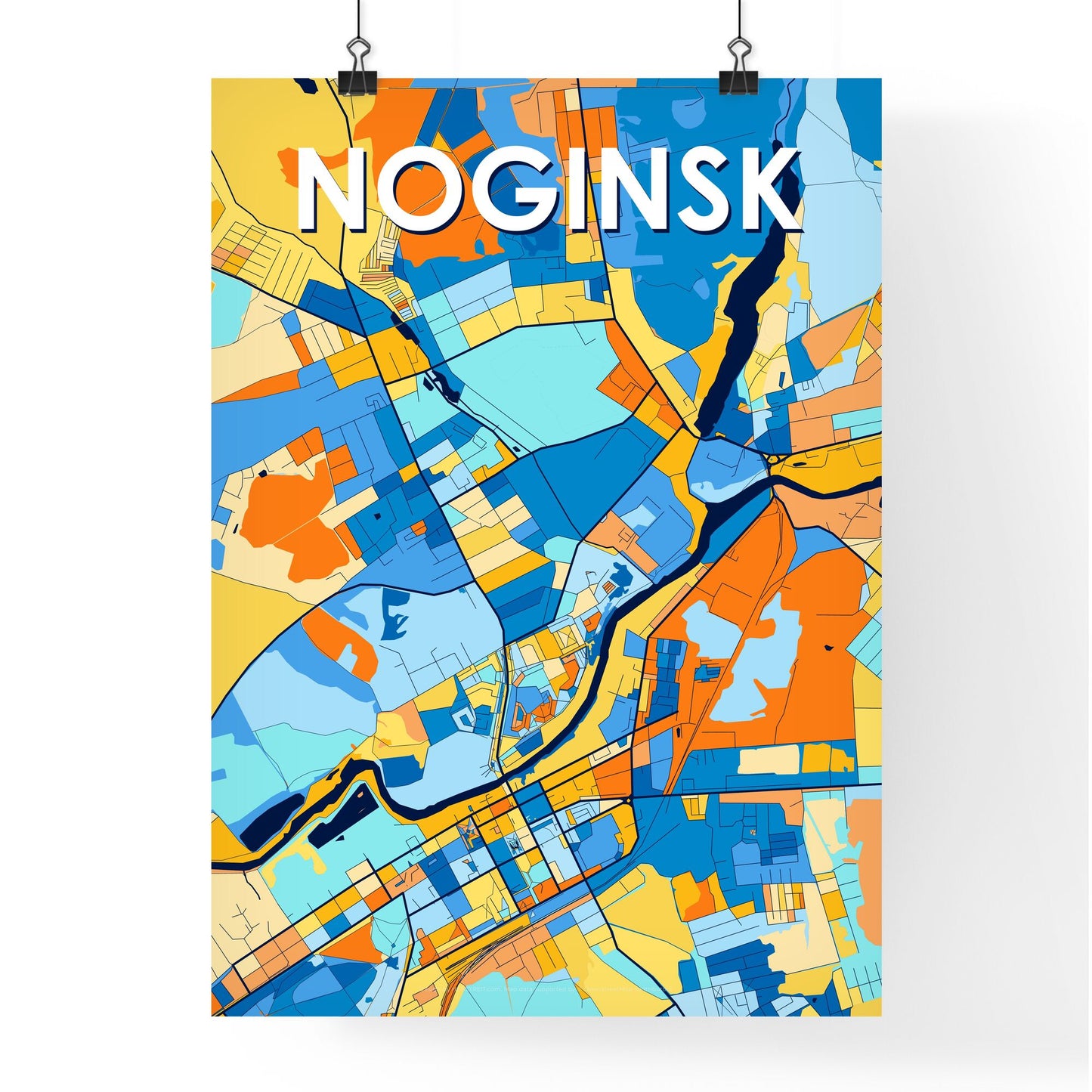 NOGINSK RUSSIA Vibrant Colorful Art Map Poster Blue Orange