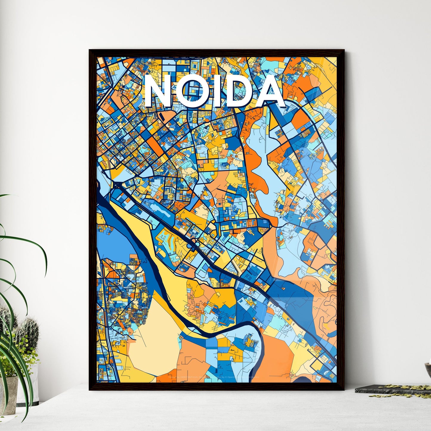 NOIDA INDIA Vibrant Colorful Art Map Poster Blue Orange