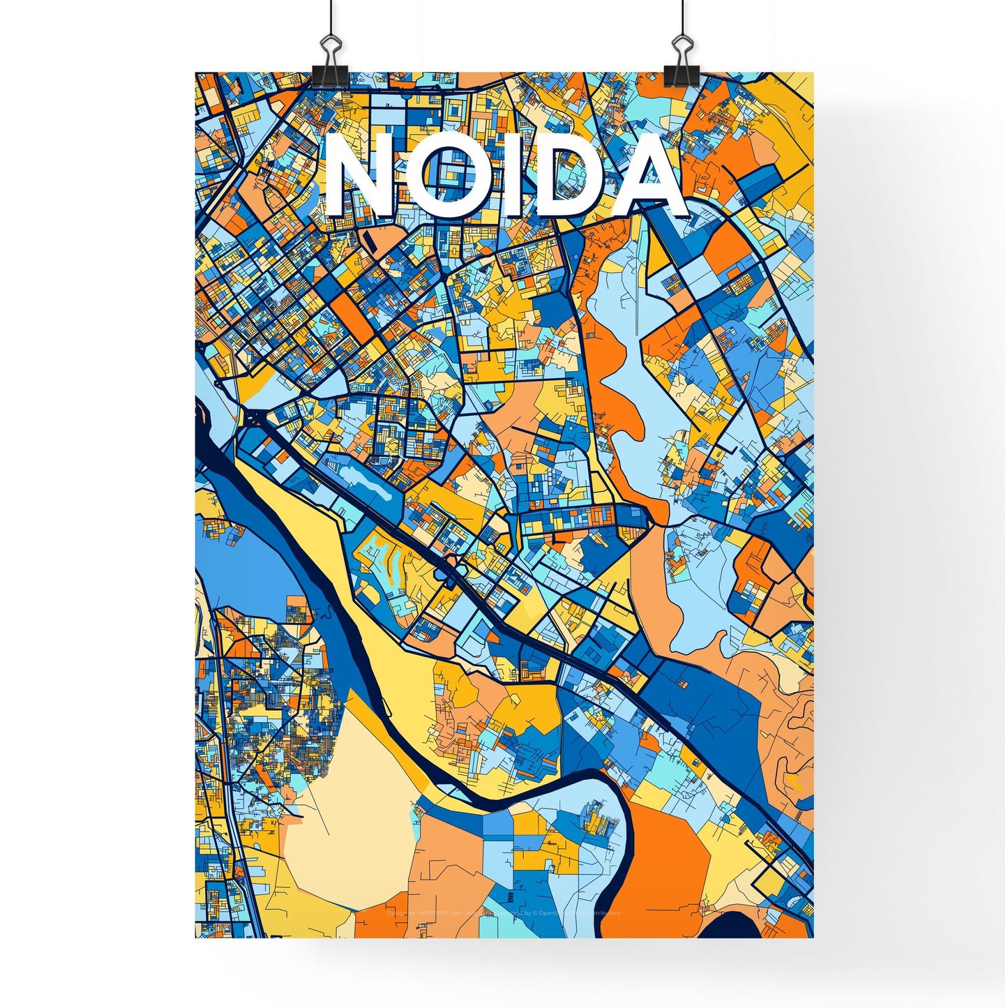 NOIDA INDIA Vibrant Colorful Art Map Poster Blue Orange