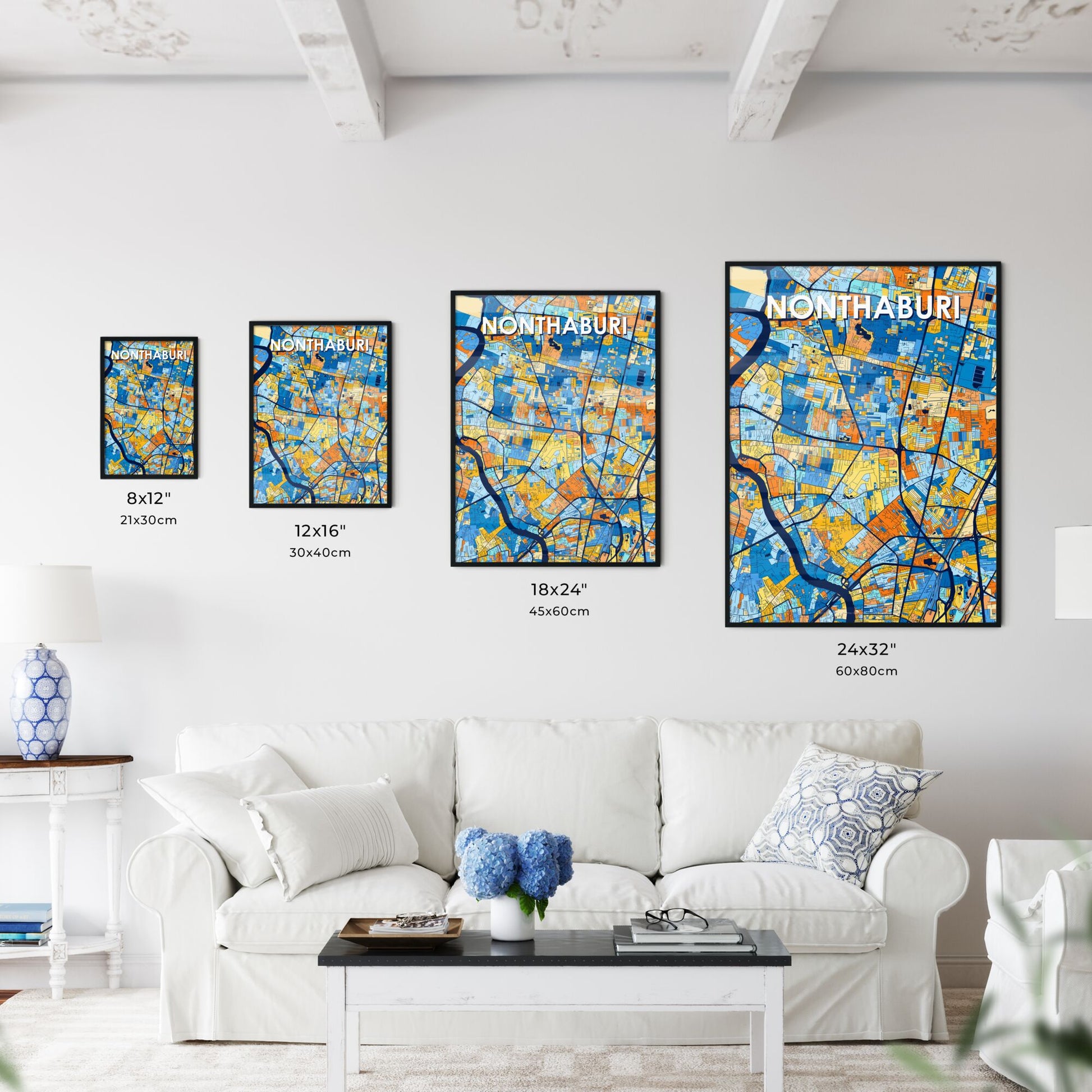 NONTHABURI THAILAND Vibrant Colorful Art Map Poster Blue Orange